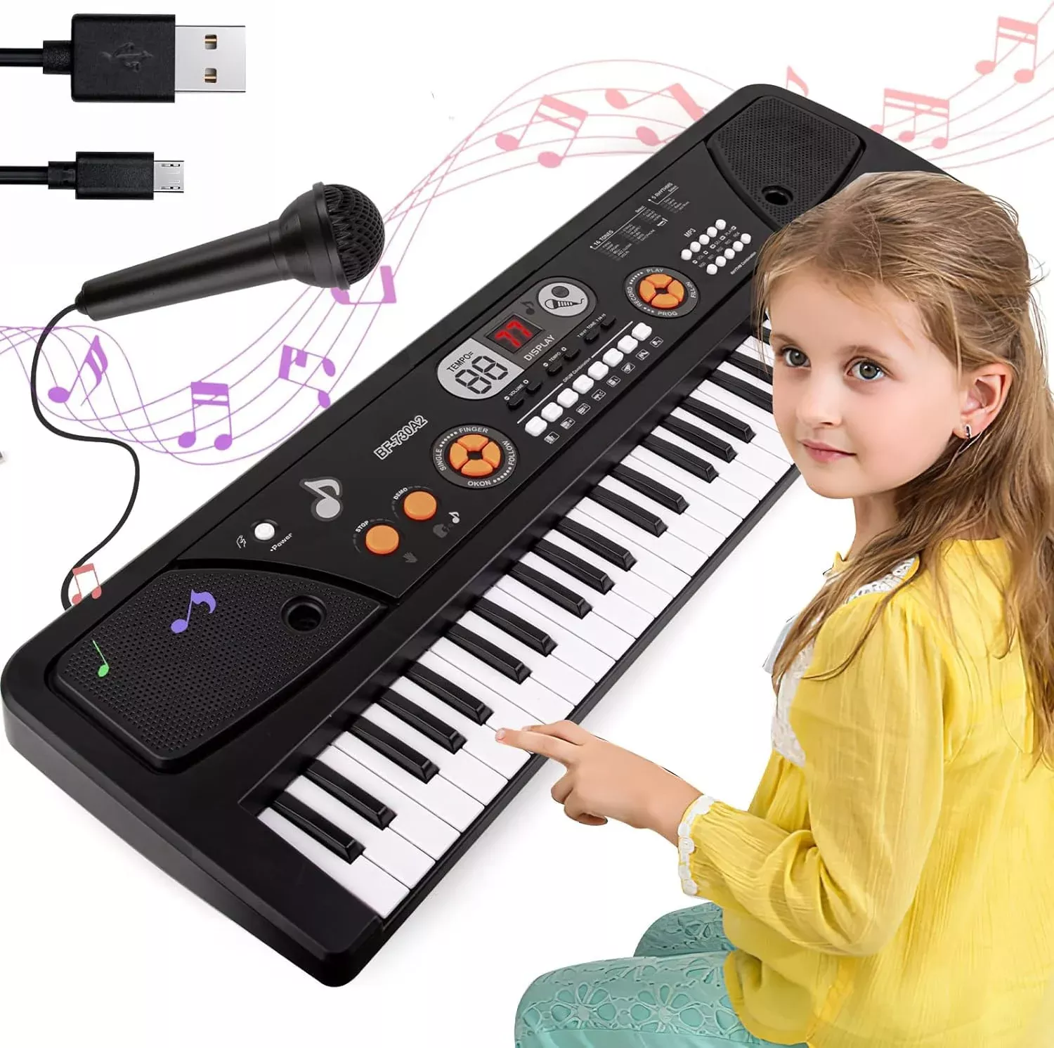 M SANMERSEN 61-Key Kids Piano with Microphone, Black