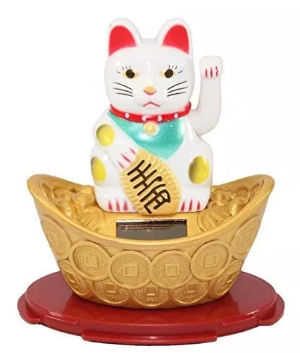 M.V. Trading Maneki Neko Fortune Cat Solar Statue 4" Durable Plastic