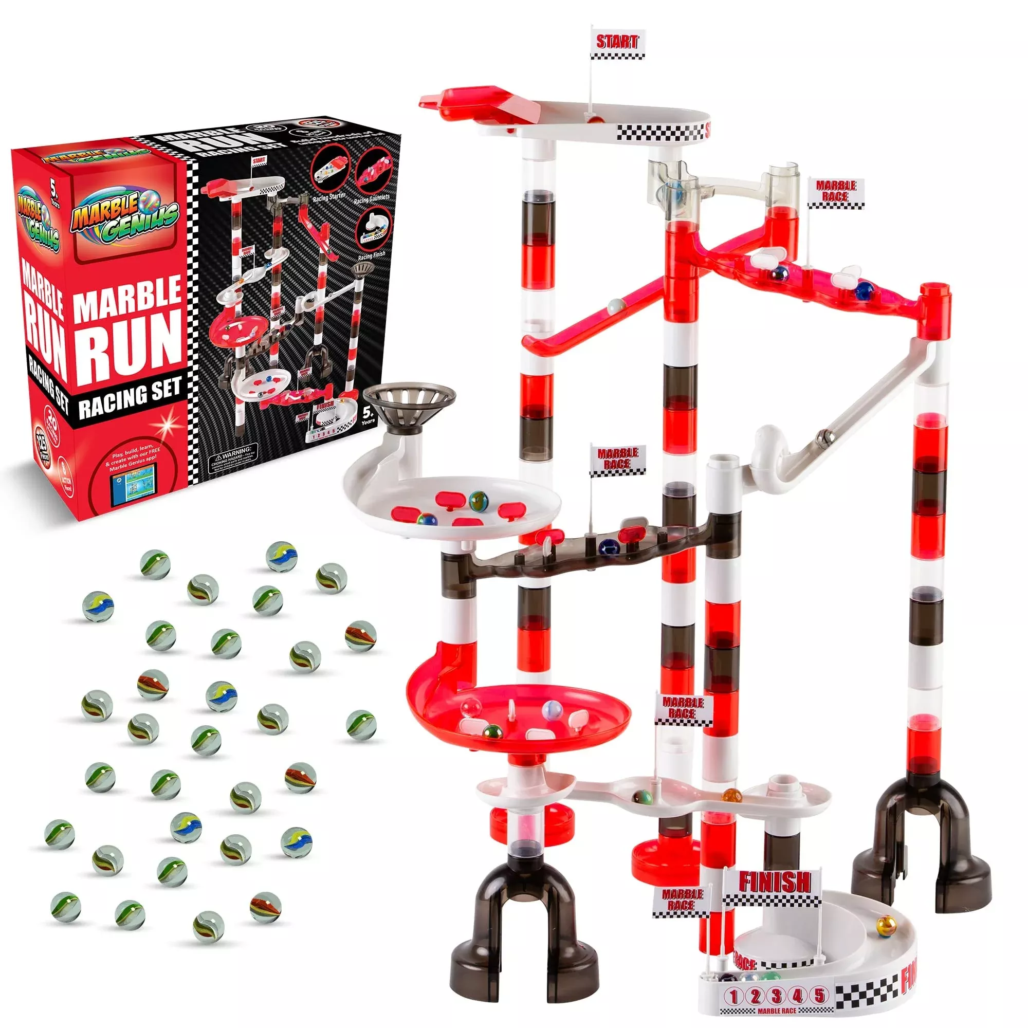 Marble Genius 125-Piece Marble Run Racing Set - Glass Building Blocks,