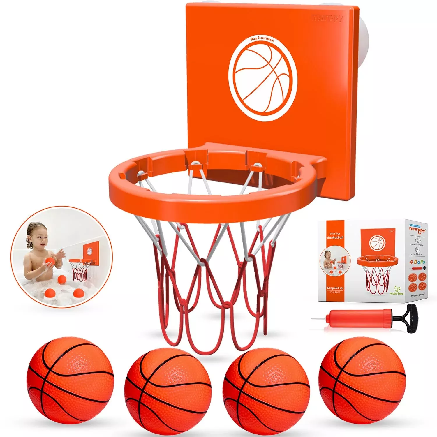 MARPPY Toddler Basketball Hoop Bath Toy - Orange with 4 Balls