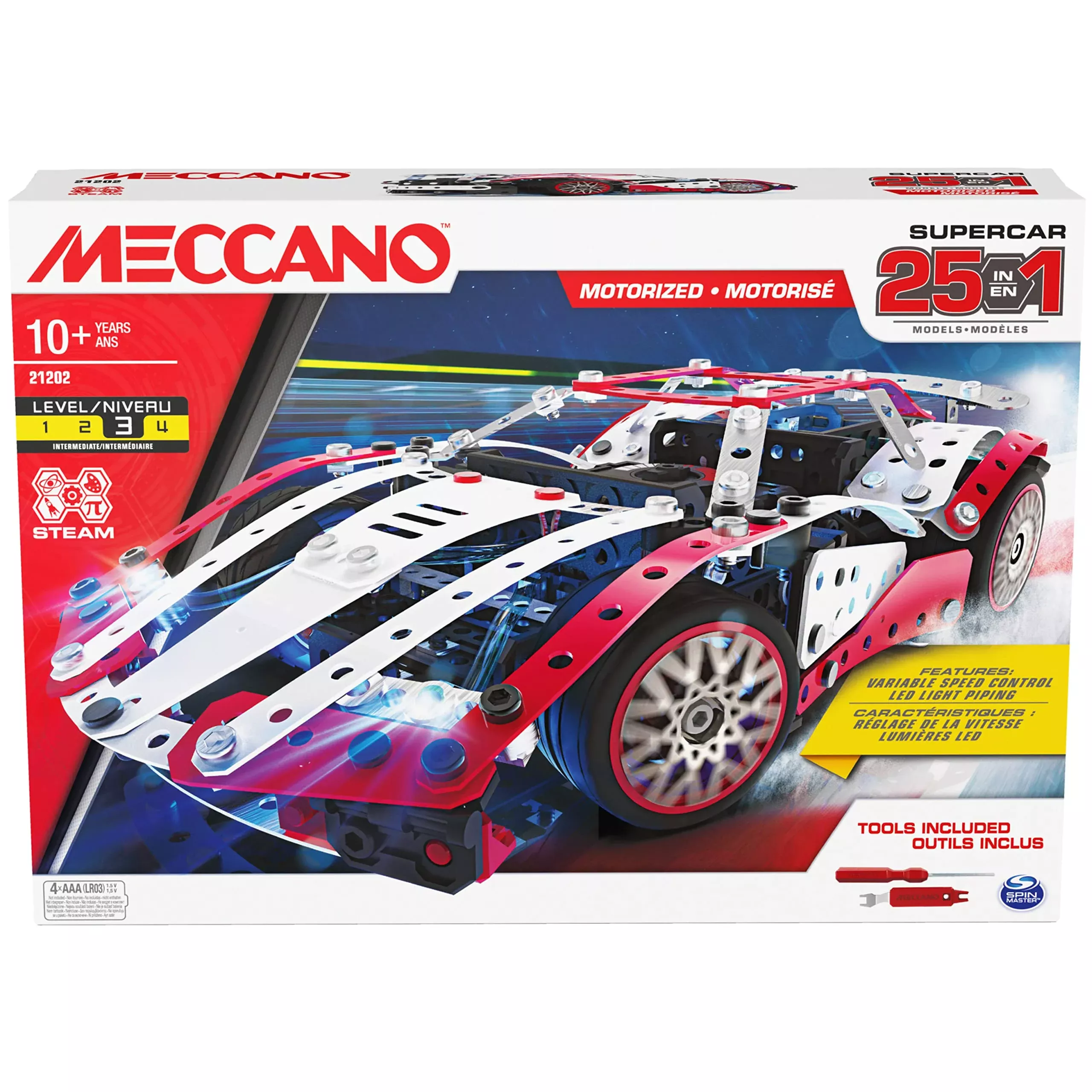 Meccano, 25-In-1 Motorized Supercar Stem Model Building Kit With 347 P