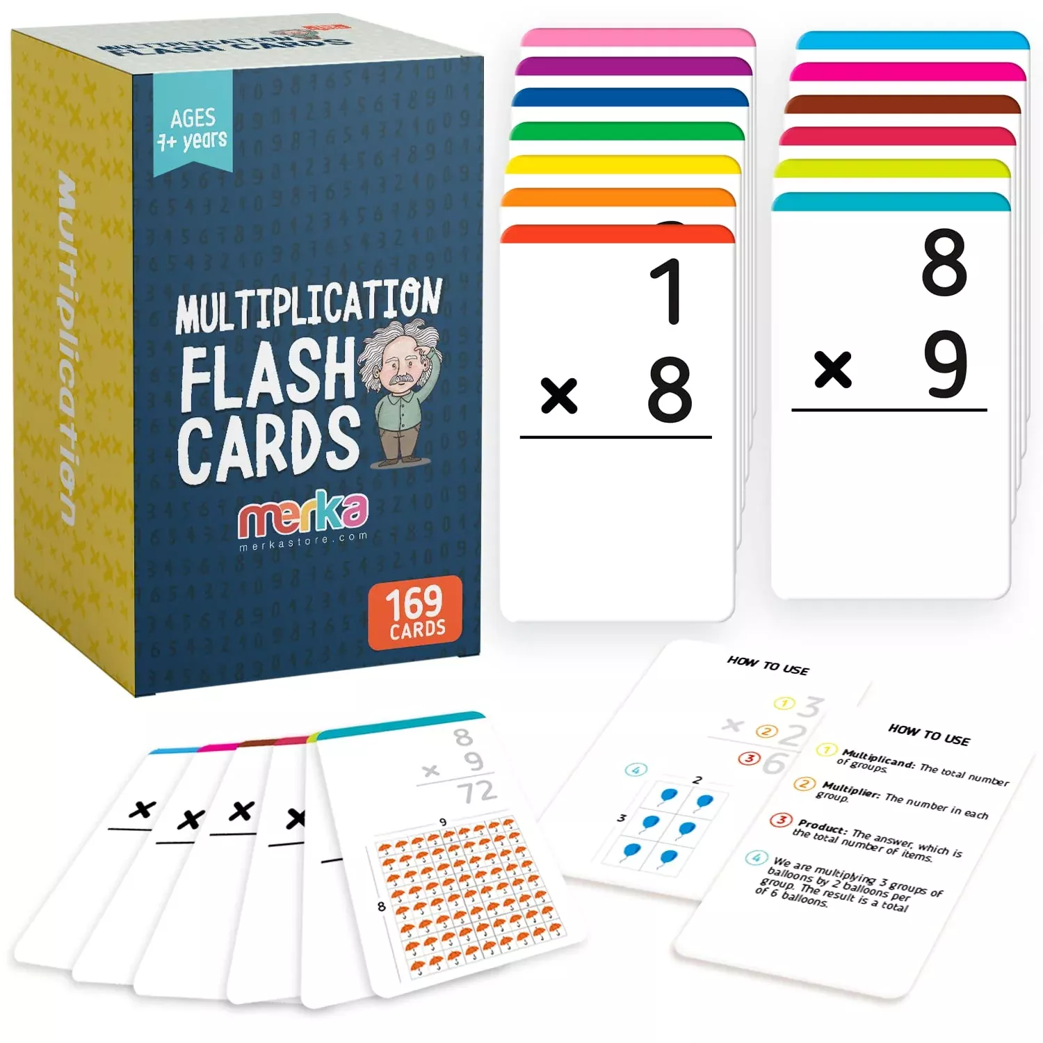 Merka Multiplication Flash Cards for Kids, 169 Pcs, Multicolor
