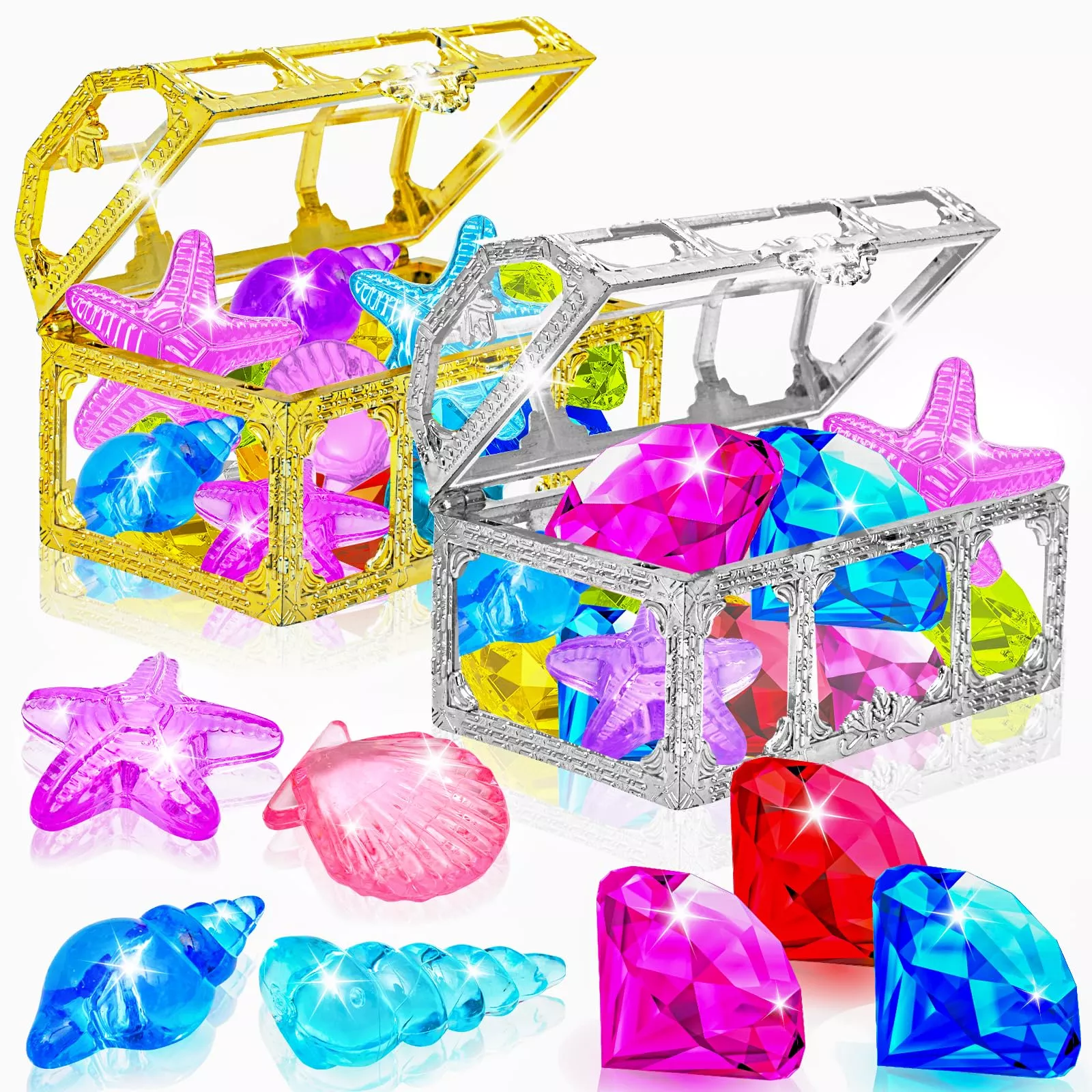 Mgparty 24Pcs Diving Gem Pool Toys Colorful Diamonds Set With Treasure