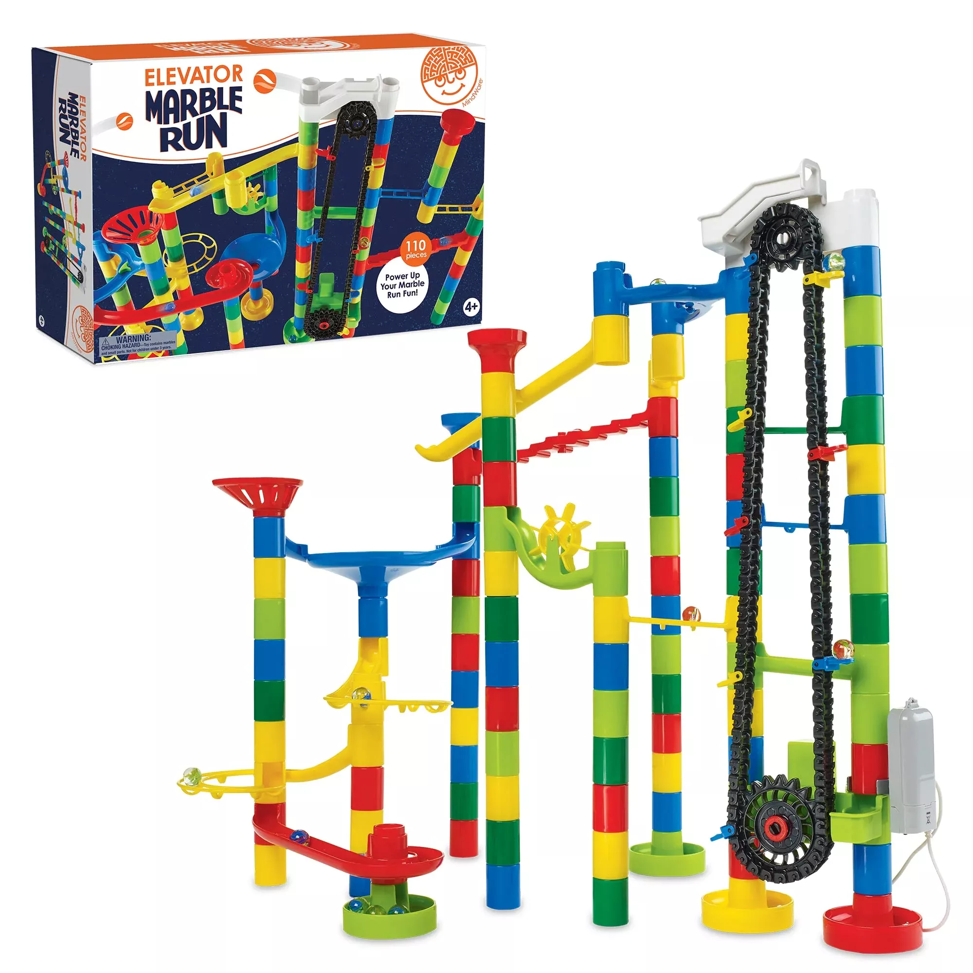 MindWare Motorized Elevator Marble Run Set - 82 Track Pieces, 15 Marbles