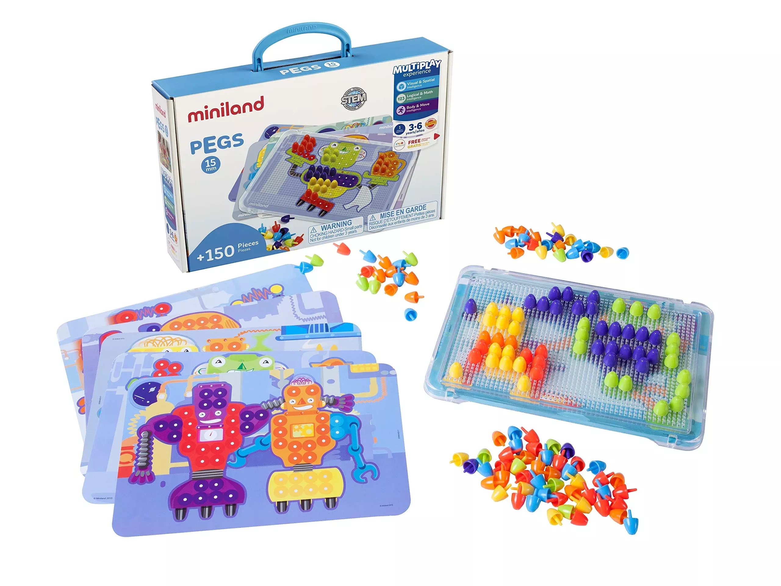 Miniland Educational - Pegs 5/8' Color Pegboard Set (150 Pieces) Board Game For Kids