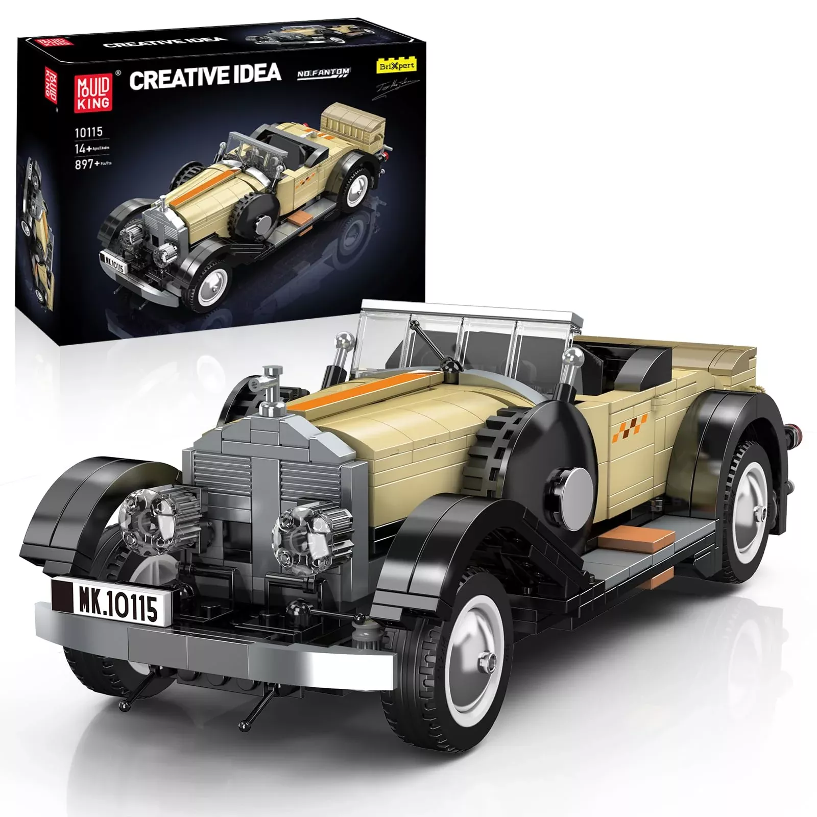 Mould King 10115 Vintage Car Building Kit, 1:16 Scale Convertible, Bei