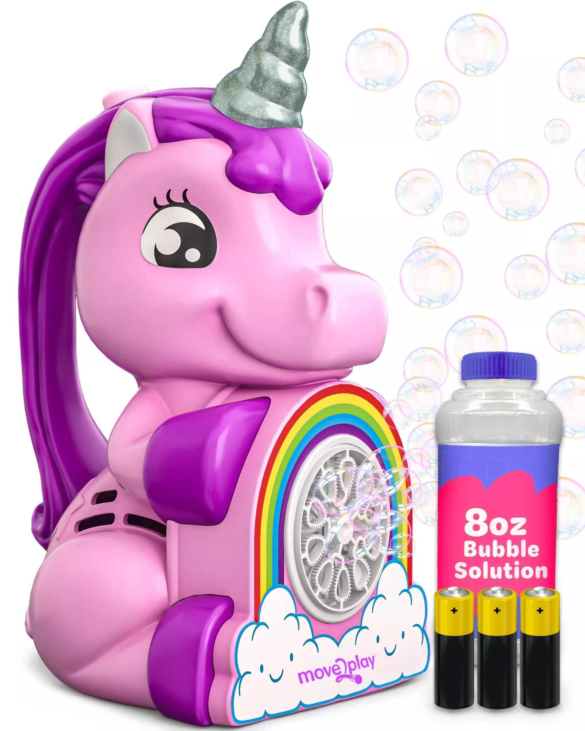 Move2Play Unicorn Bubbles Machine for 4th of July, 7 oz, Durable