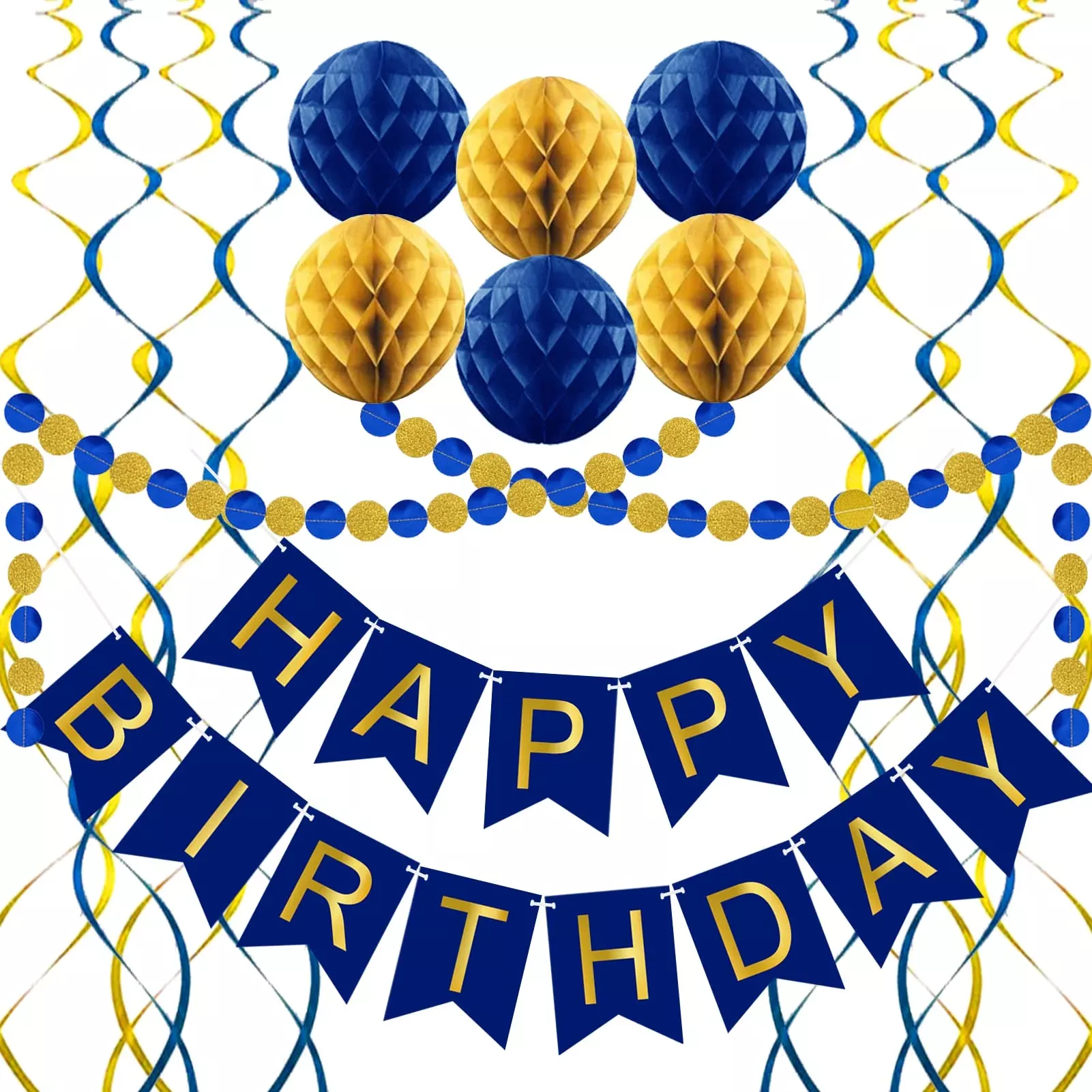 Navy Blue Birthday Decorations With Happy Birthday Banner, Paper Honey