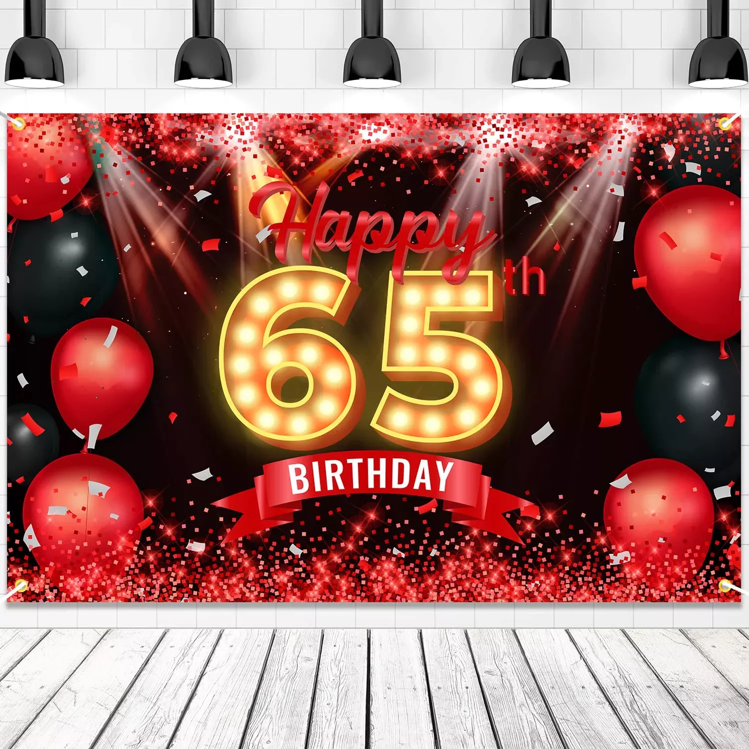 NC Happy 65th Birthday Banner Backdrop, Red and Black Polyester, 65 Ye