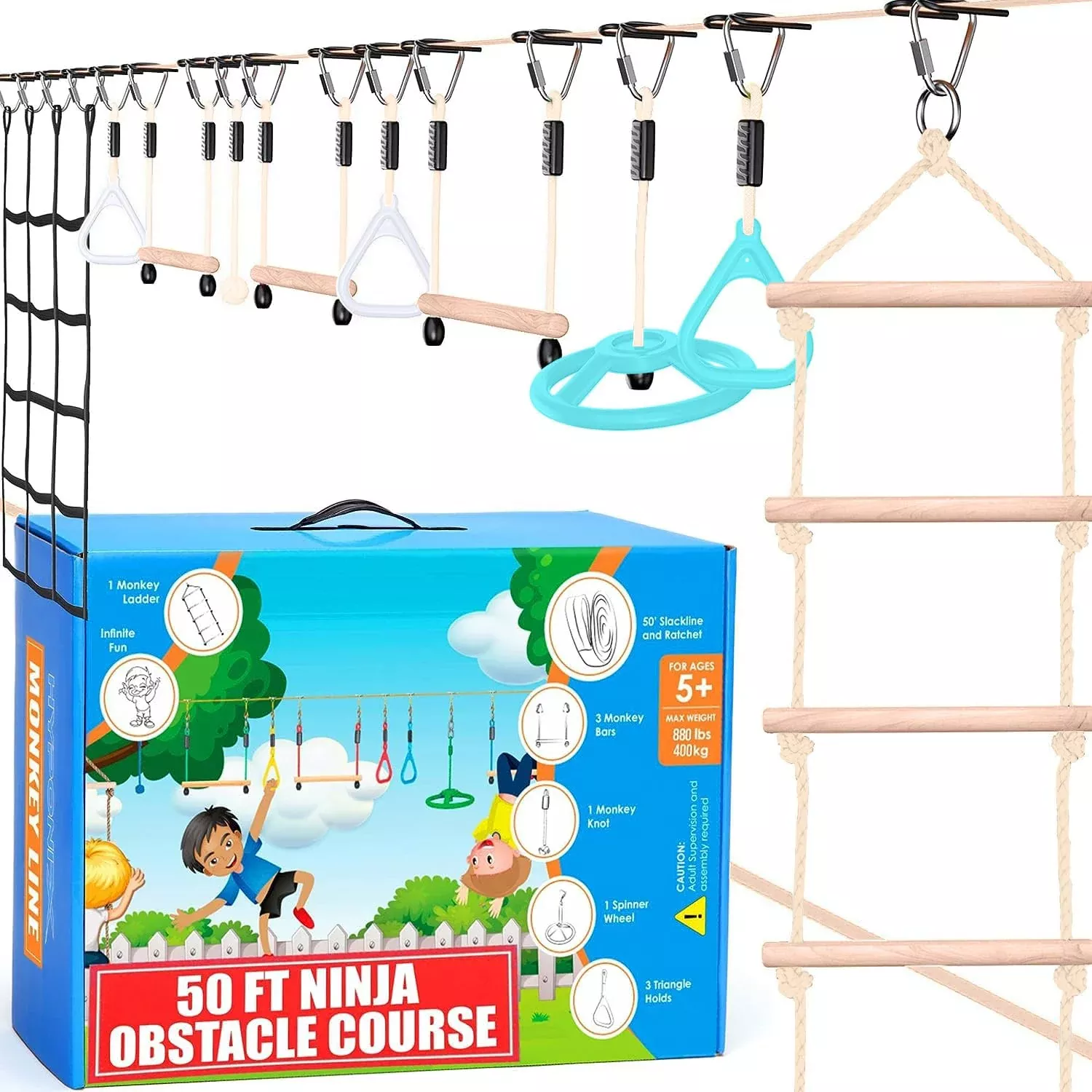 Ninja Warrior Obstacle Course For Kids, 2X50 Ft Slackline, 10 Weatherp