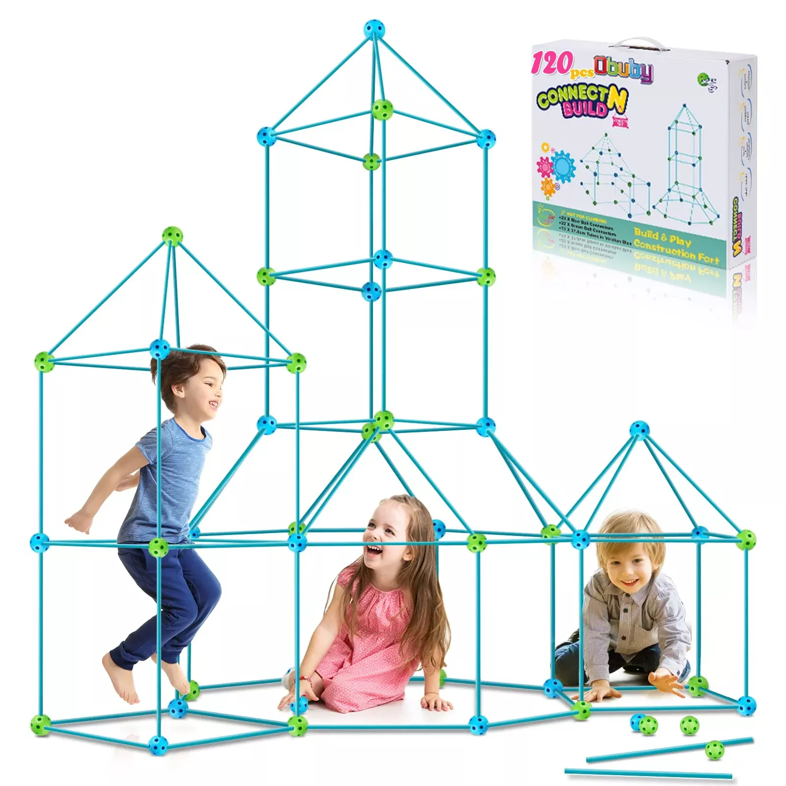 OBUBY Construction Fort Kit 120PCS for Kids Age 3+ Blue Green