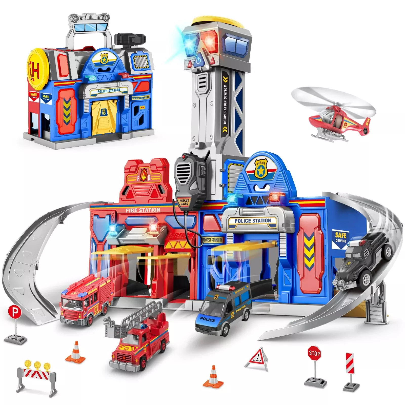 OCHIDO City Action Track Set Large Police & Fire Playset Reddish Blue