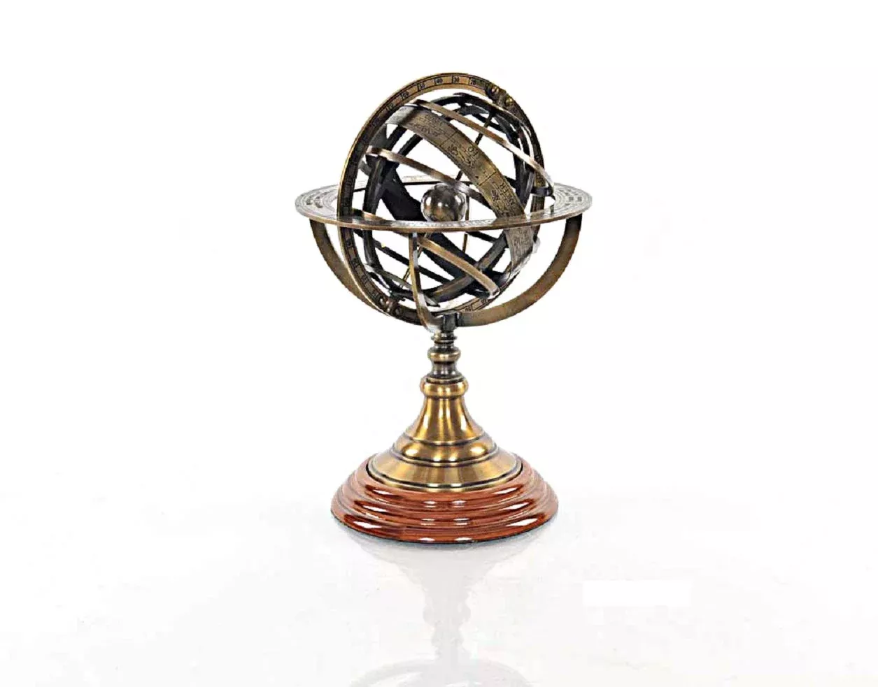 Old Modern Handicrafts Armillary Sphere On Wood Base - Handcrafted Brass, Antique Finish, Perfect For Nautical Collections And Astronomy Enthusiasts - 7.0L X 7.0W X 11.5H Inches