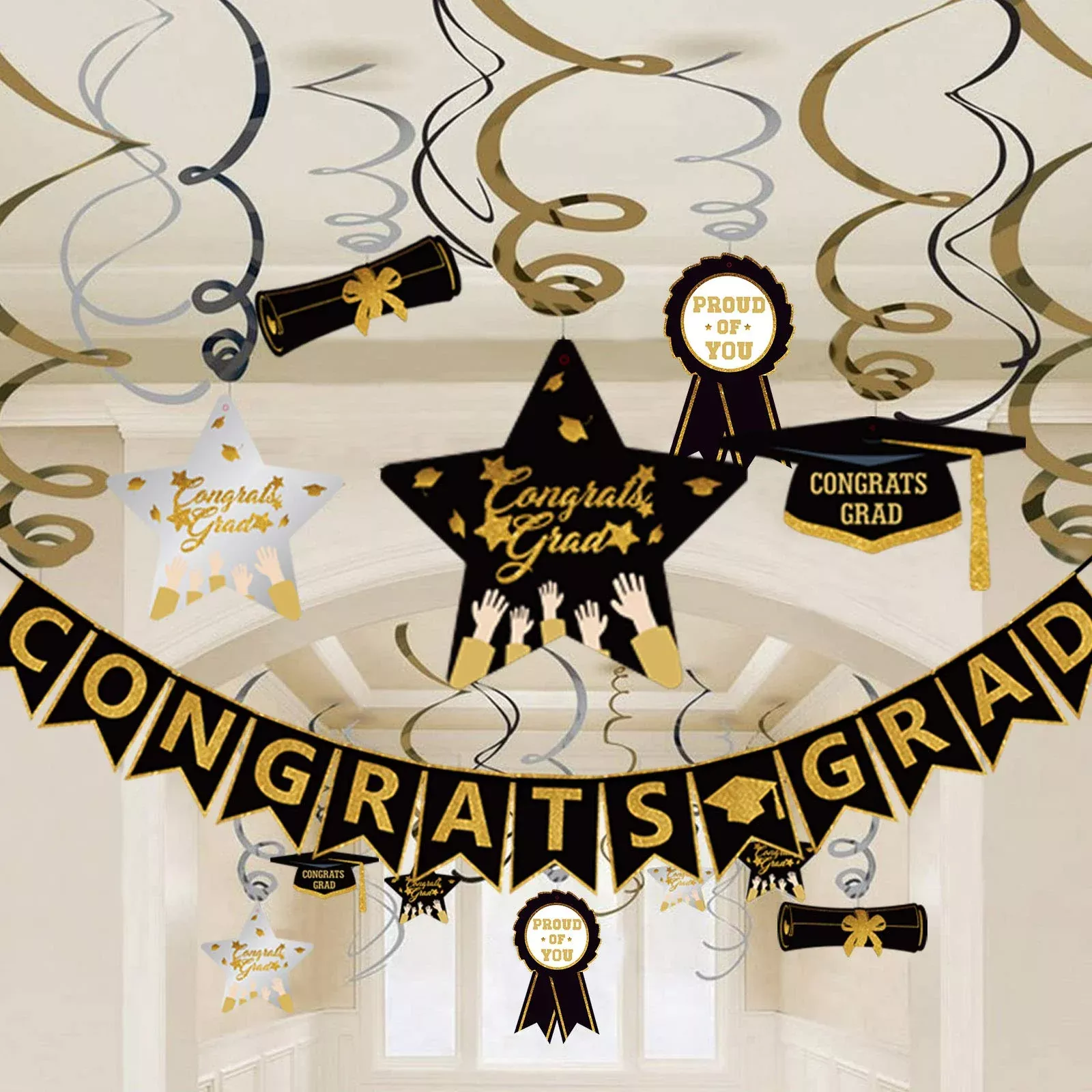 Omgouue Graduation Decorations Set, 13 Pcs, Black Gold, Class of