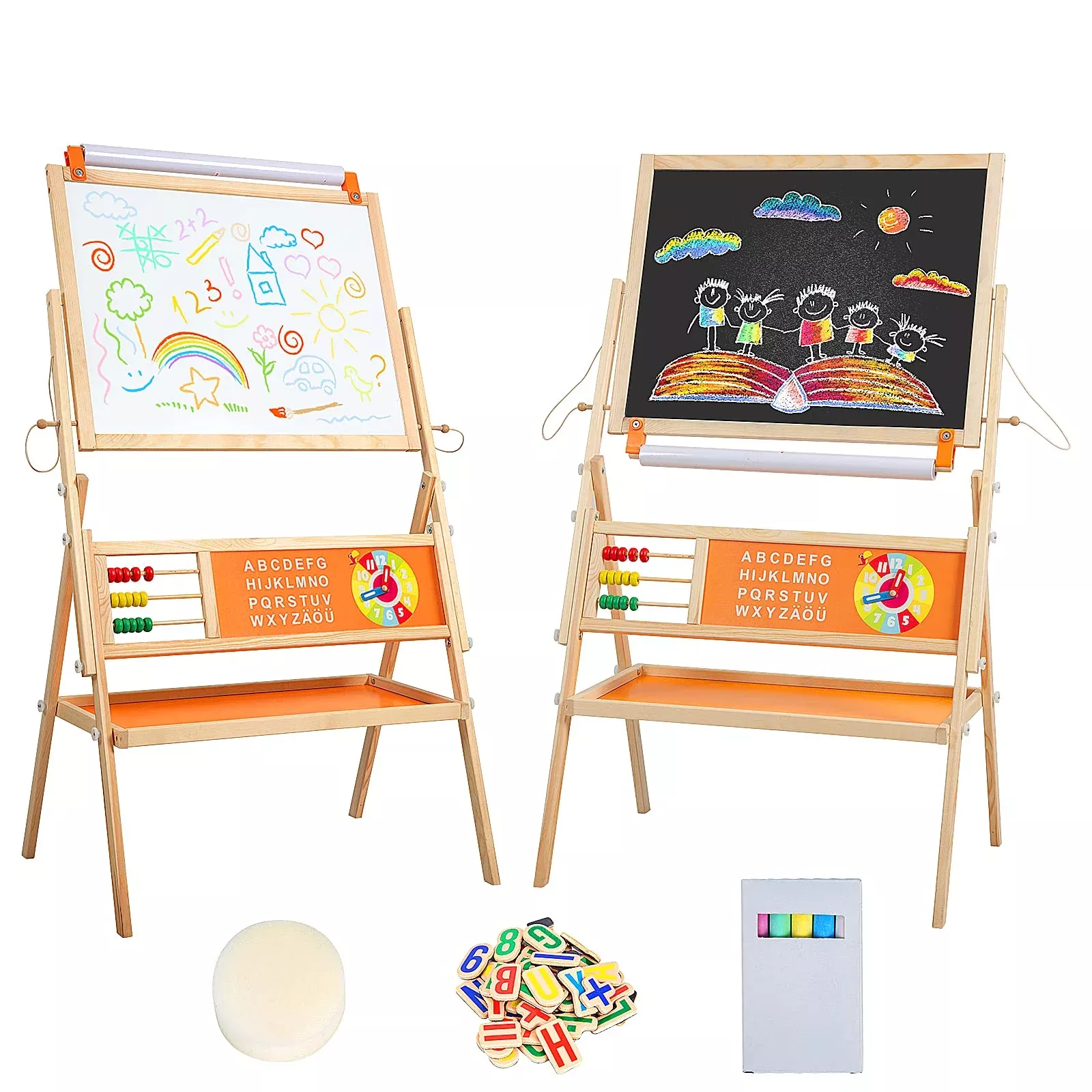OMOTIYA Wooden Easel for Kids Double-Sided 42.5" Orange