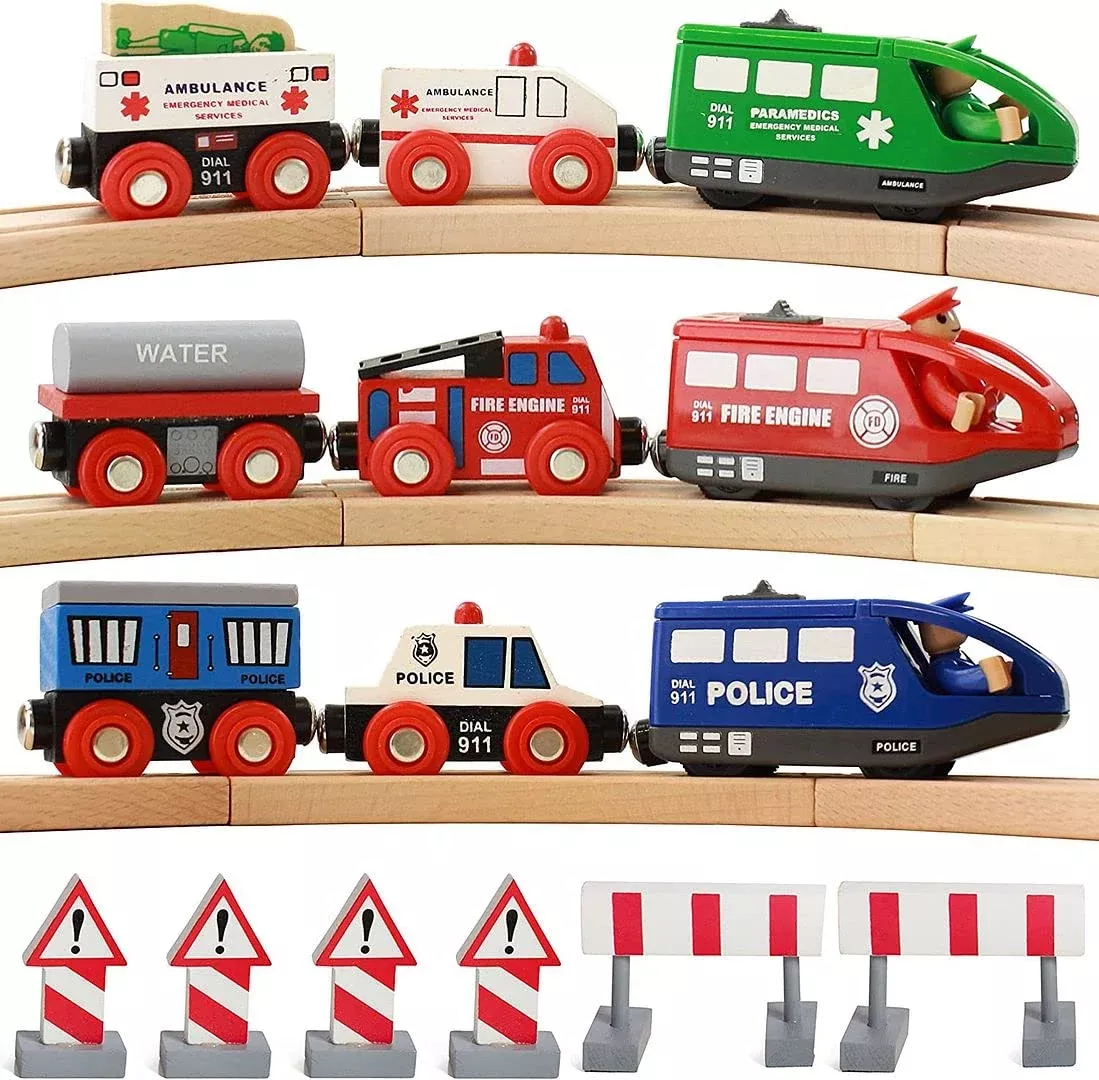 On Track USA Battery Operated Wooden Train Set, Red, Medium, 3 Engines