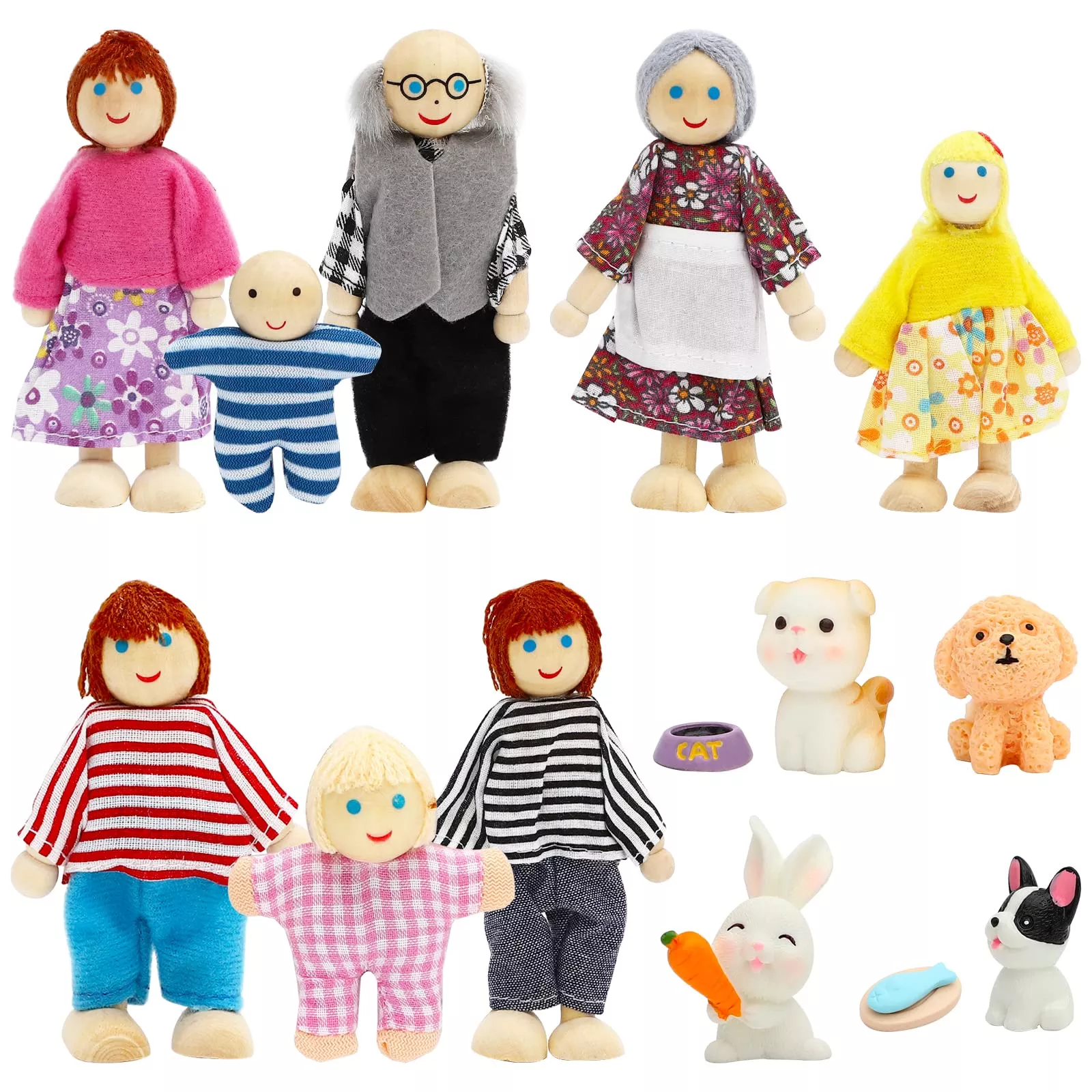 ONEST Wooden Family Dolls Toy Set, Small, 8 Puppets, Educational Gift