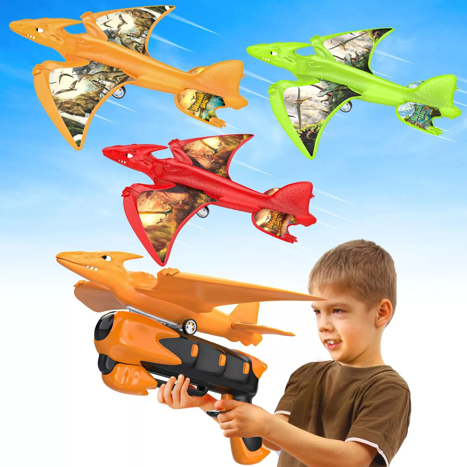 Onysurui Airplane Launcher Toys, 3 Pack Foam Gliders, Green/Orange