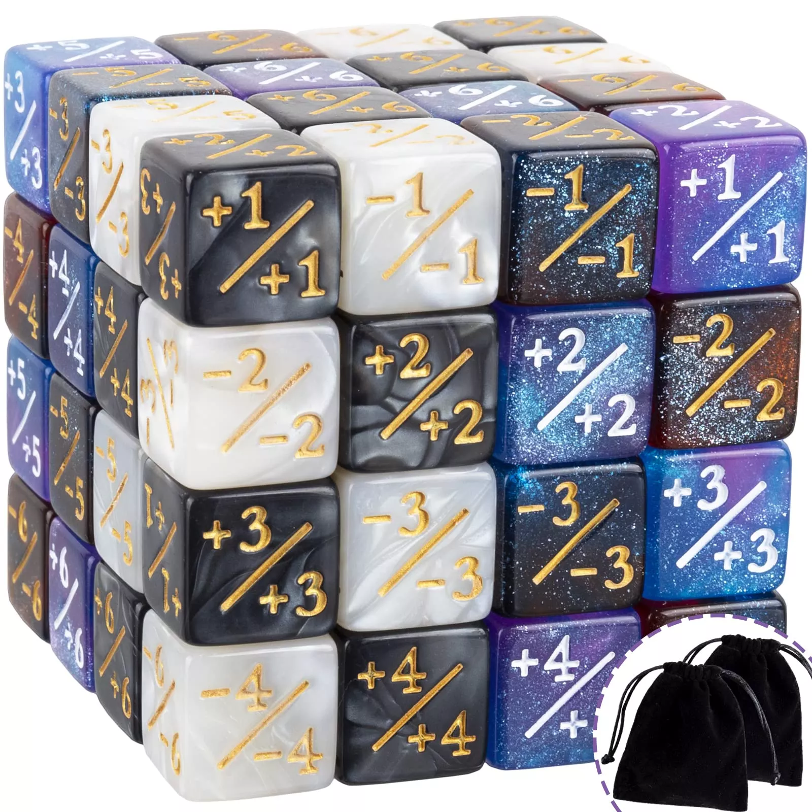 ORUNI 48 PCS Magic The Gathering Dice Set - 16mm Starry Marble D6, Bla