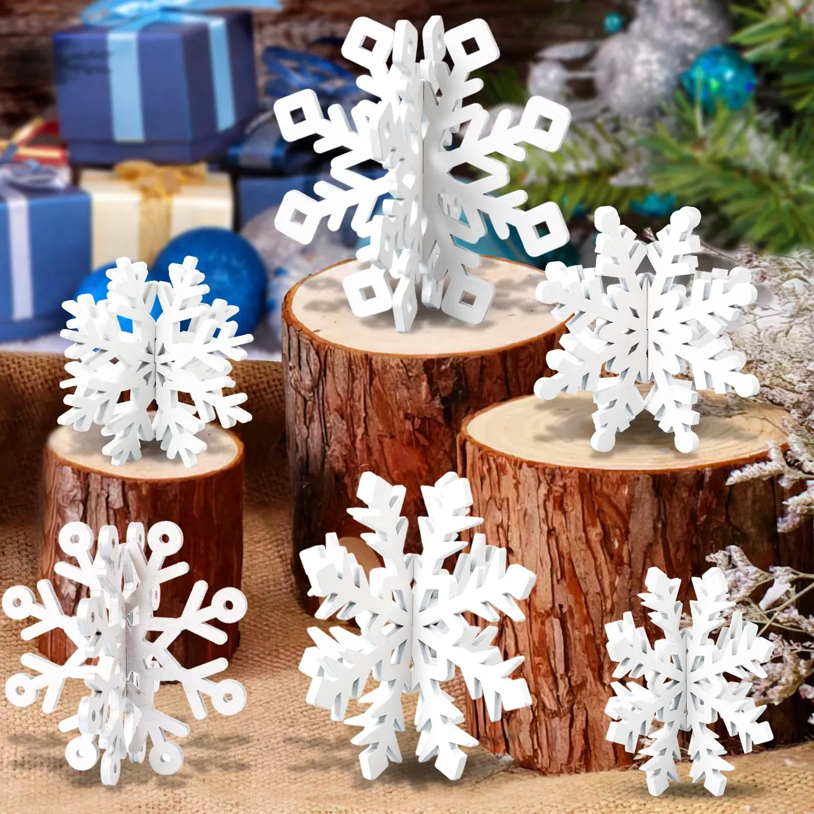 OuMuaMua Wooden Snowflake Table Centerpieces 12pcs White 3D Decor