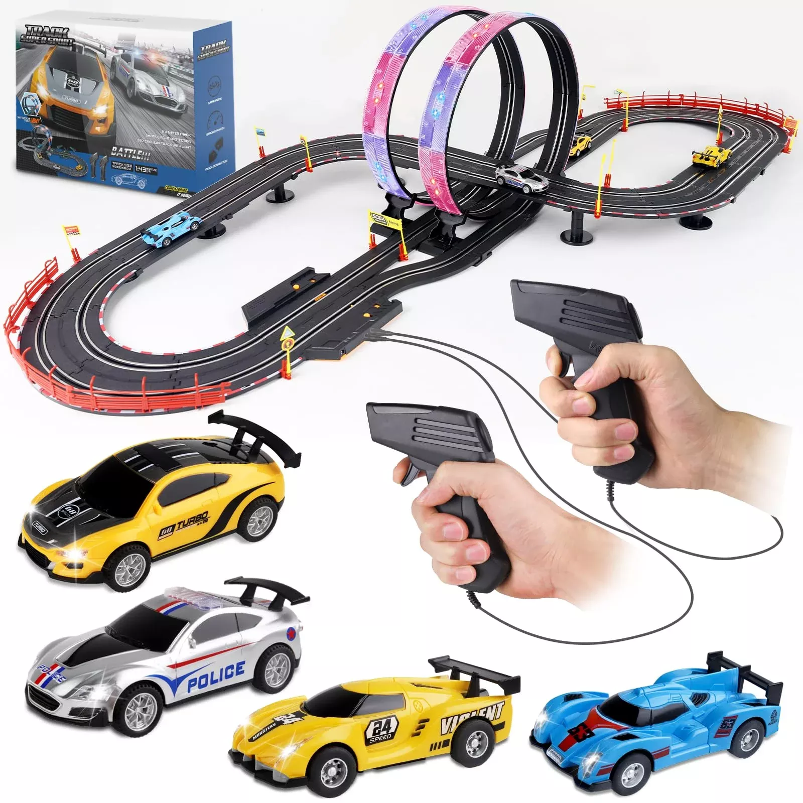Pafolo Slot Car Race Track Set 19ft Electric with LED Lights, Black