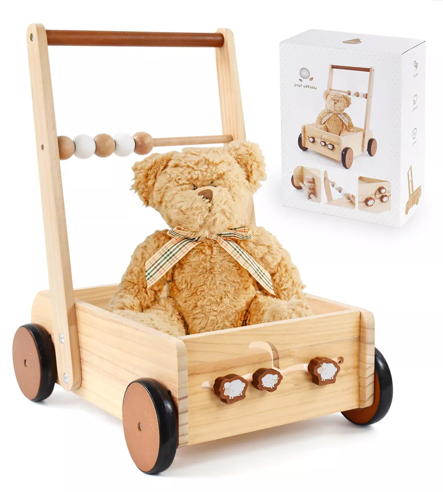 PairPear Wooden Push Walker Wagon for Toddlers, 12.2 x 5.