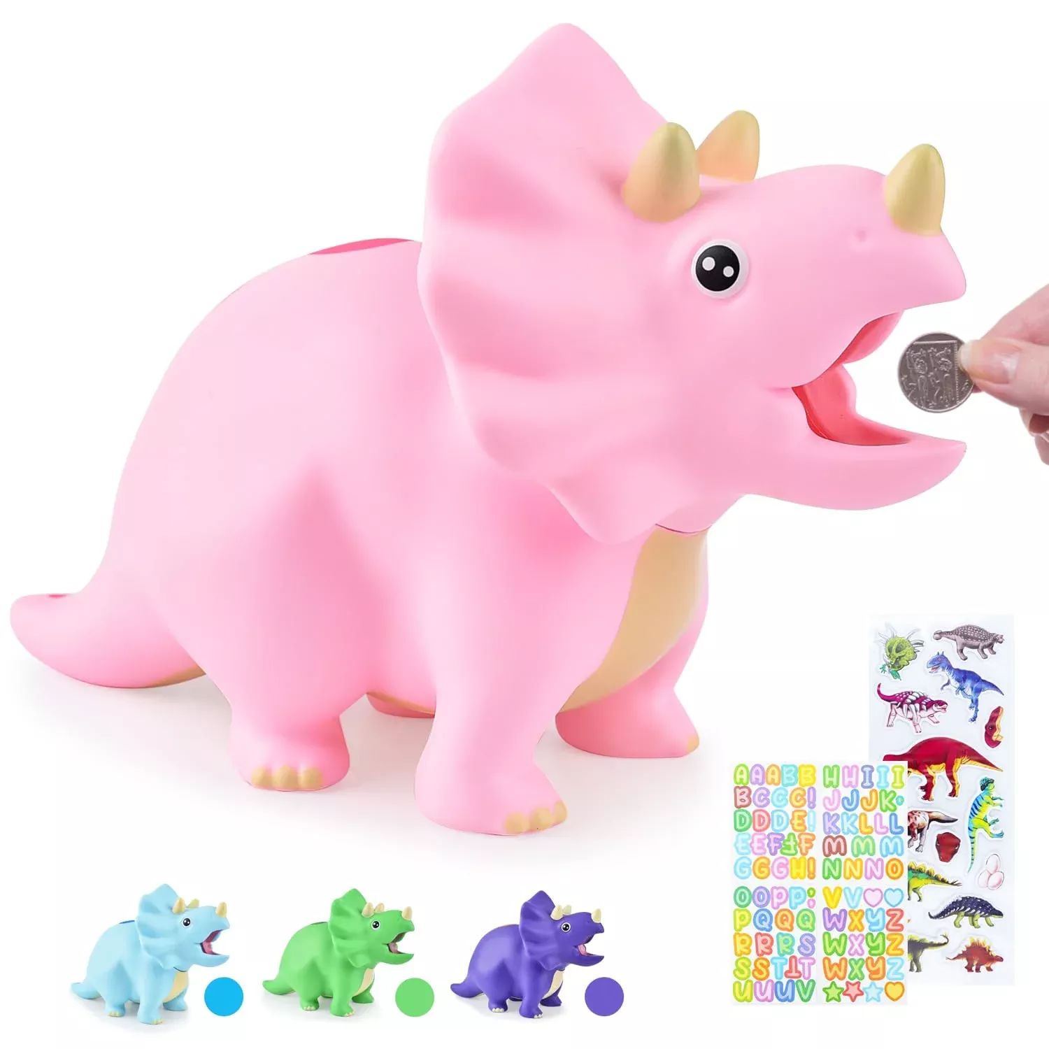 PJDRLLC Dinosaur Piggy Bank for Kids, 10" Long, Pink, Large