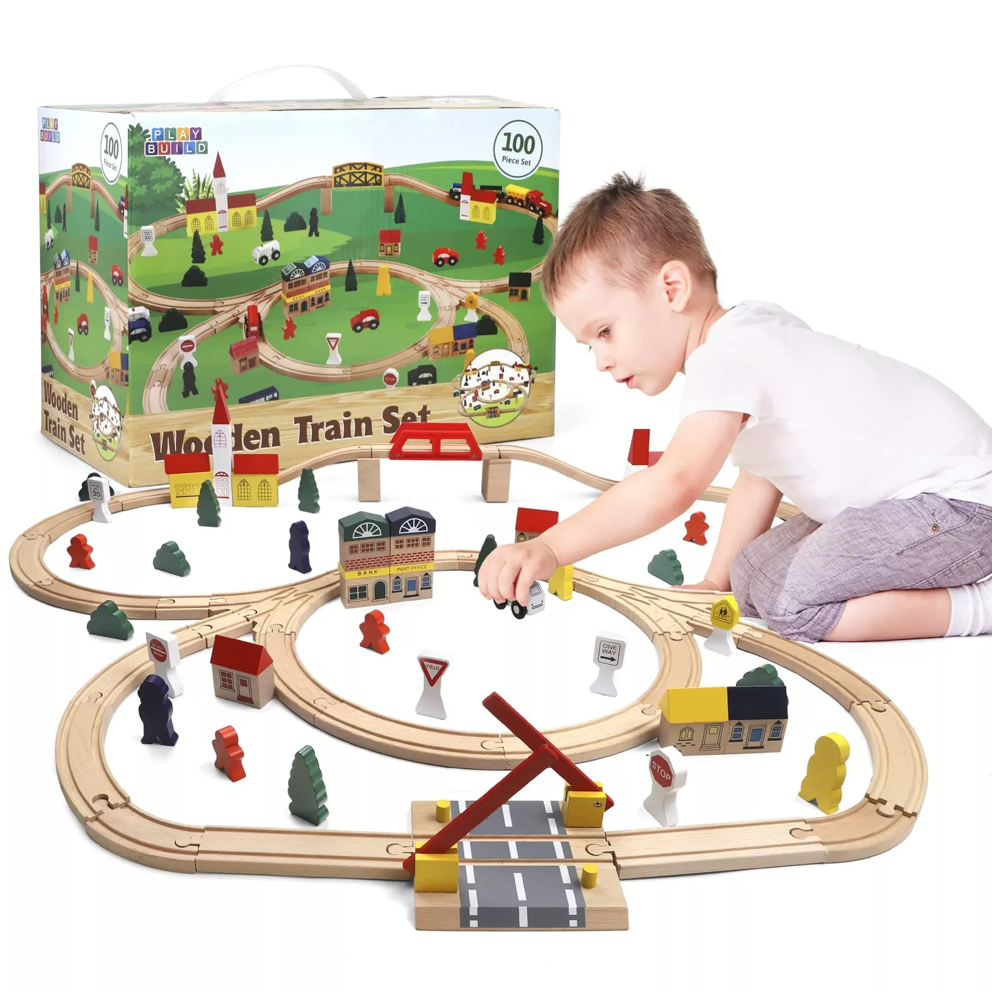 Play Build Wooden Train Set, Complete Toddler Train Set, Interactive P