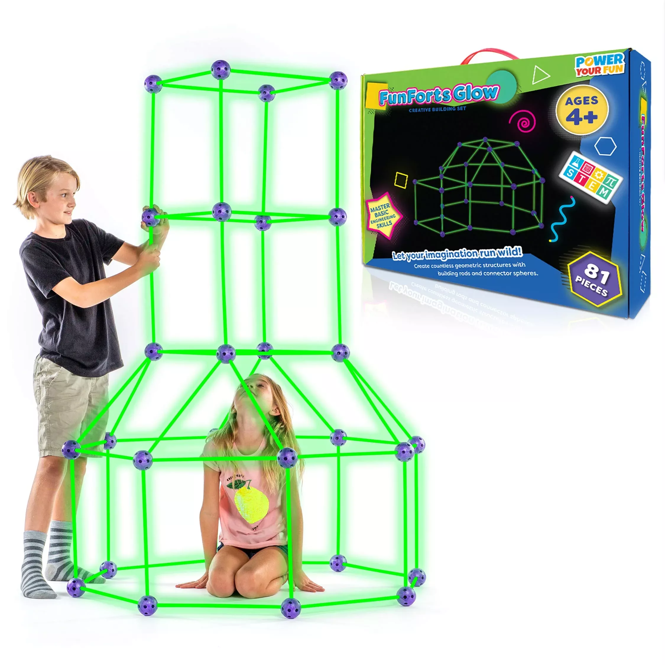 Power Your Fun Glow-in-the-Dark Fort Kit for Kids, Medium, Green