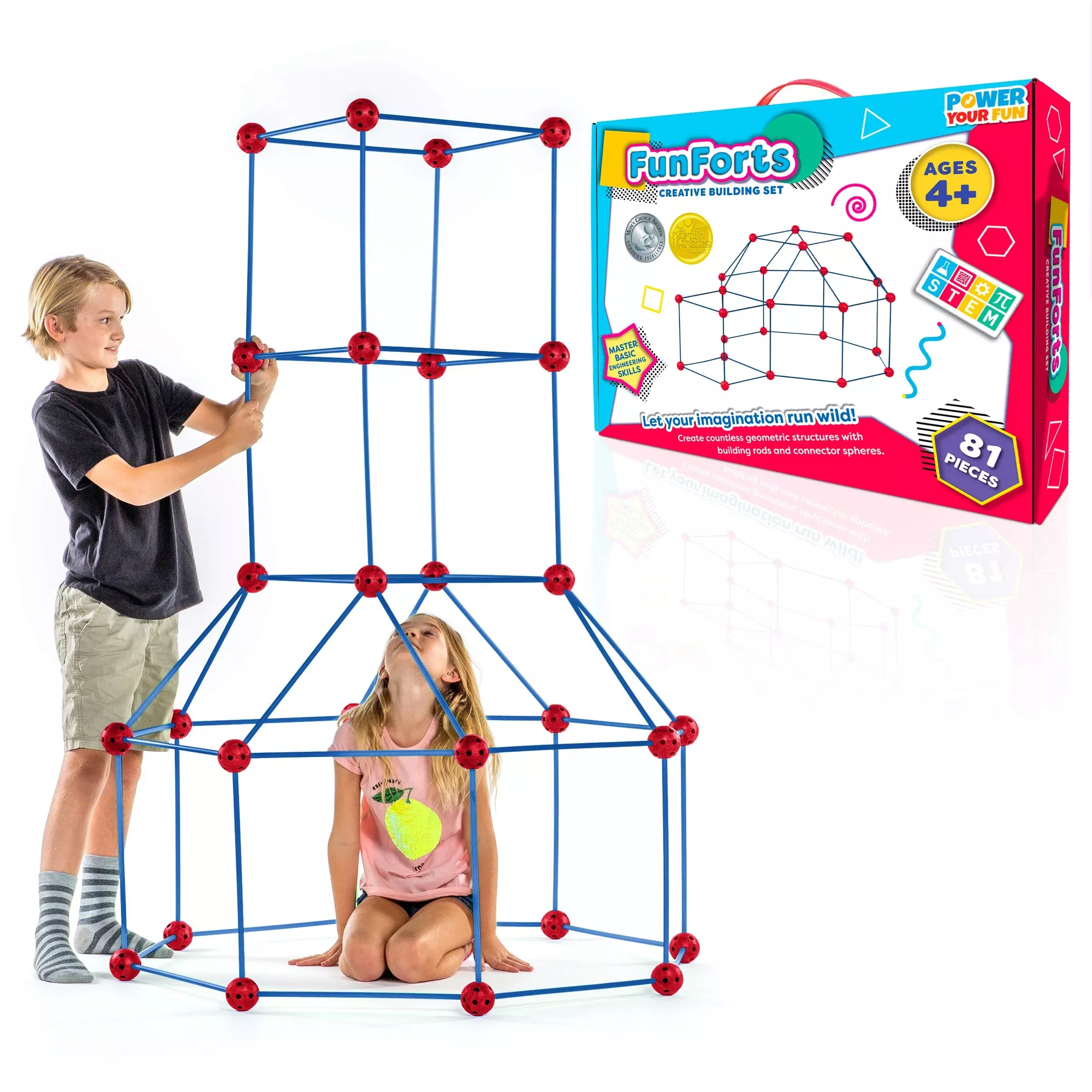 Power Your Fun Kids Fort Building Kit, 81 Pieces, Red/Blue