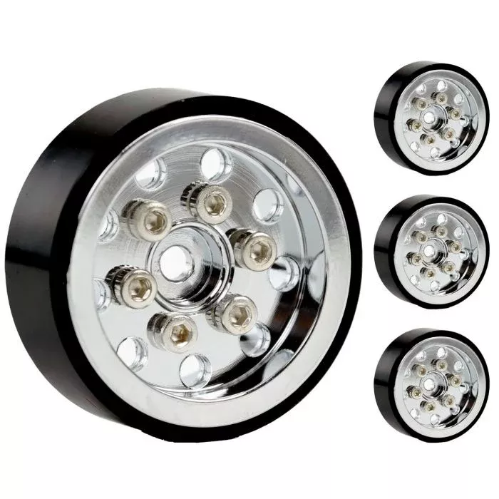 Powerhobby SCX24131 9 Hole Aluminum 1.0" Rock Crawler Beadlock Wheels 4 Pack - Chrome
