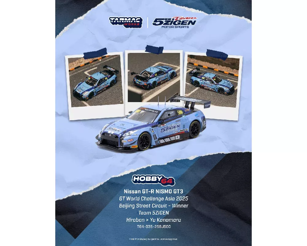 *PREORDER* Tarmac Works 1:64 Nissan GT-R NISMO GT3 GT World Challenge Asia 2025 Beijing Street Circuit – Winner TEAM 5ZIGEN Hirobon / Yu Kanamaru