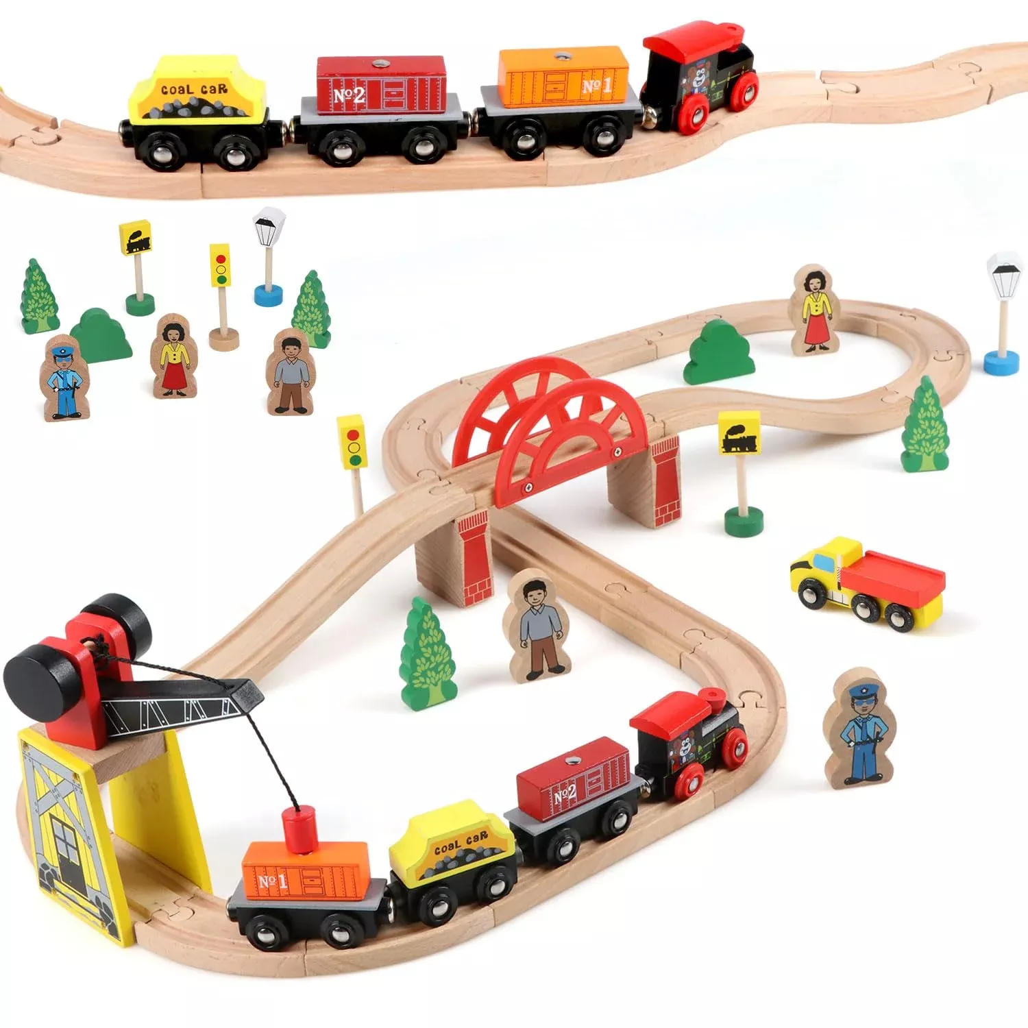 Qilay Wooden Train Set - 39 Pcs Tracks, Crane, Bridge & 5 Trains - Ide