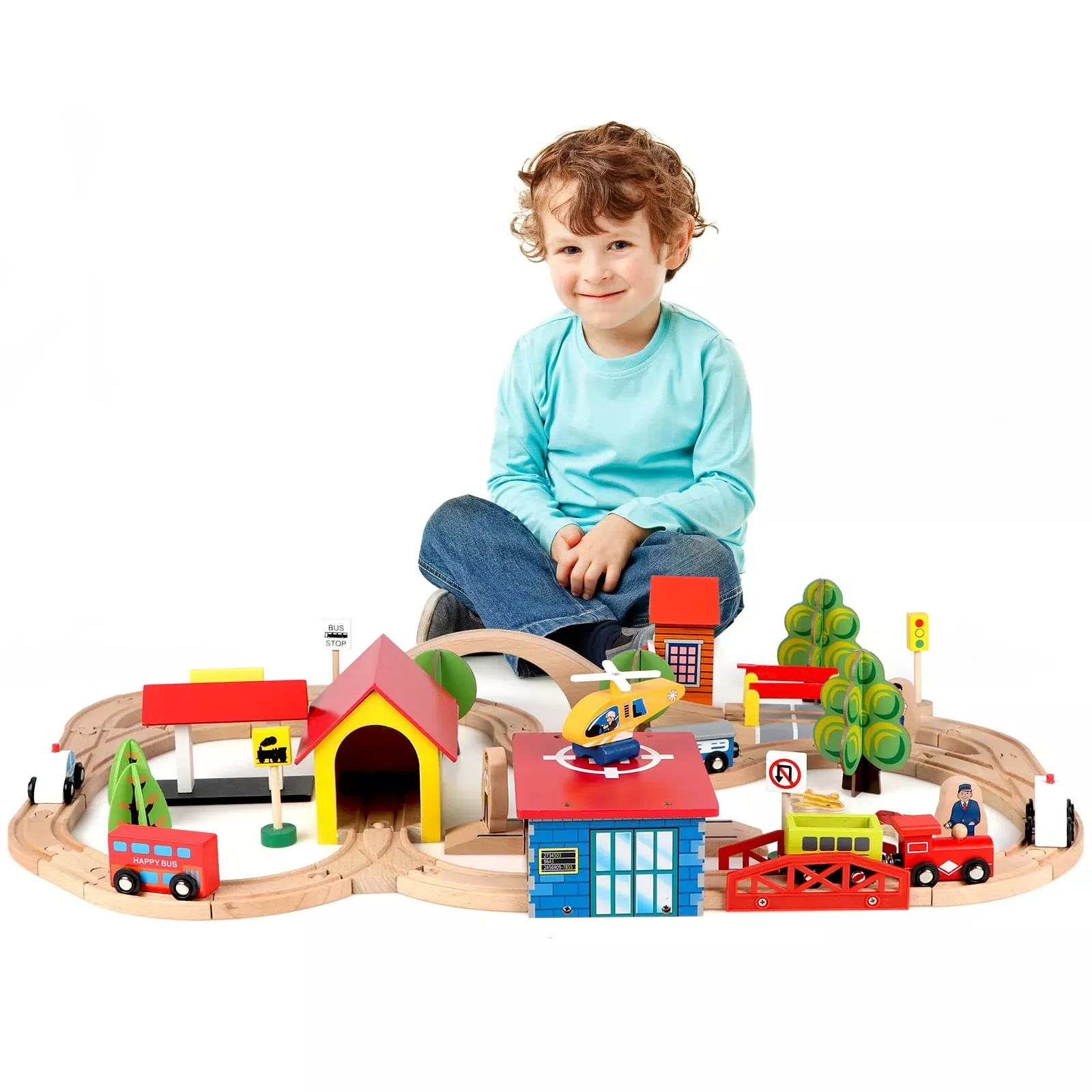 Qilay Wooden Train Set 69PCS for Kids Ages 3+ - Natural Wood