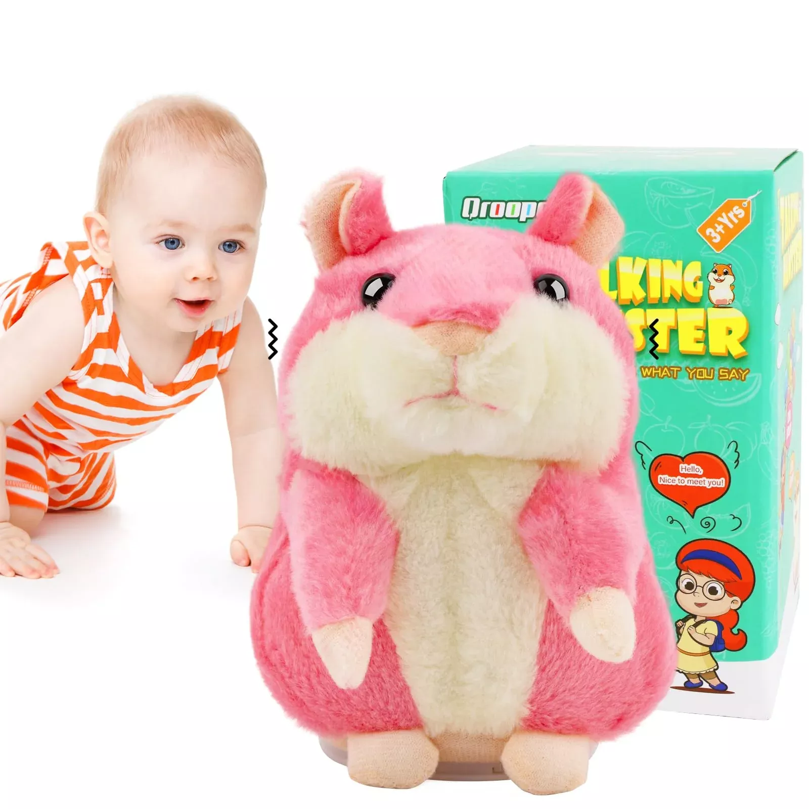 Qrooper Talking Hamster Toy for Kids, Pink, Small, Interactive Plush