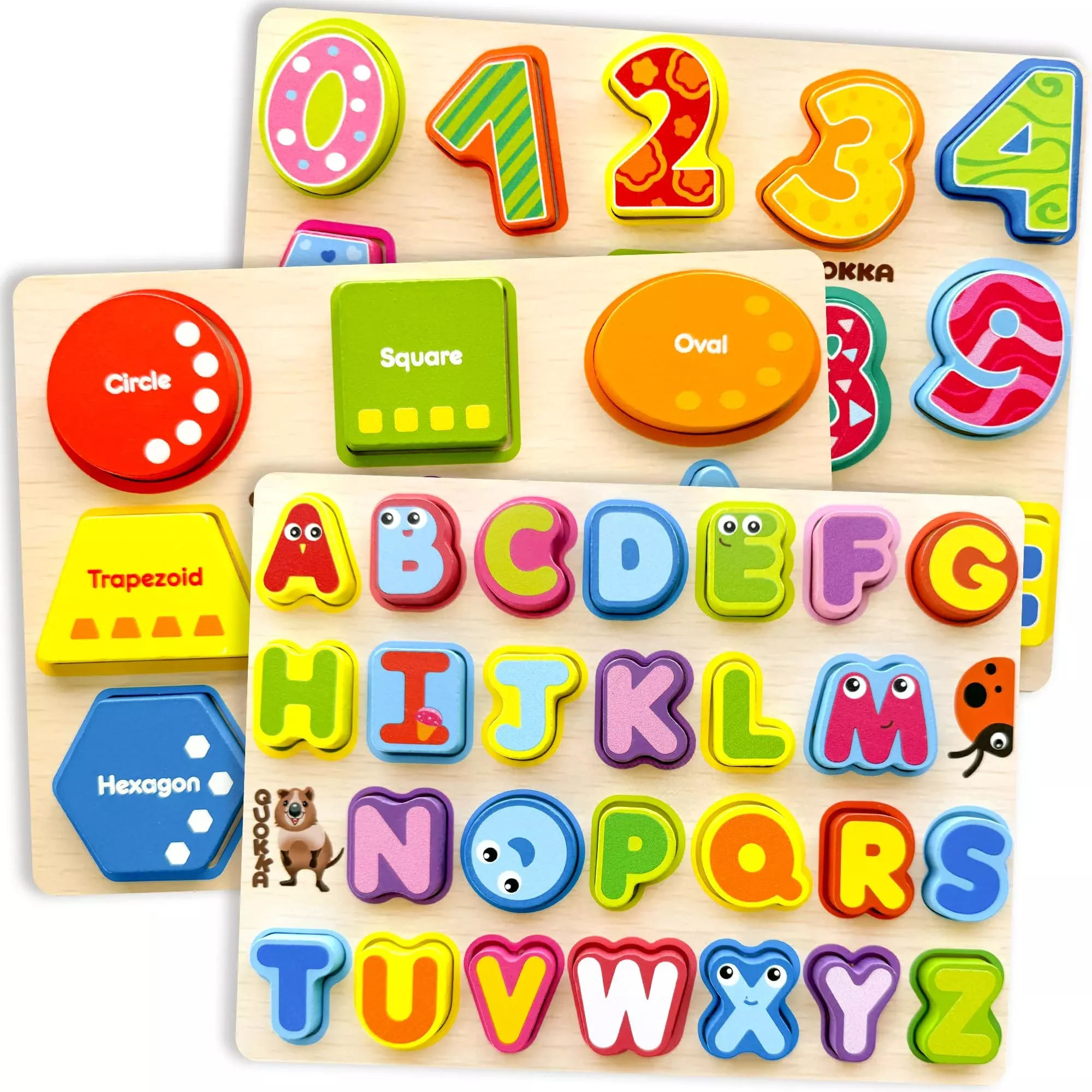 QUOKKA Wooden Puzzles 3 Set for Toddlers, Chunky, 7