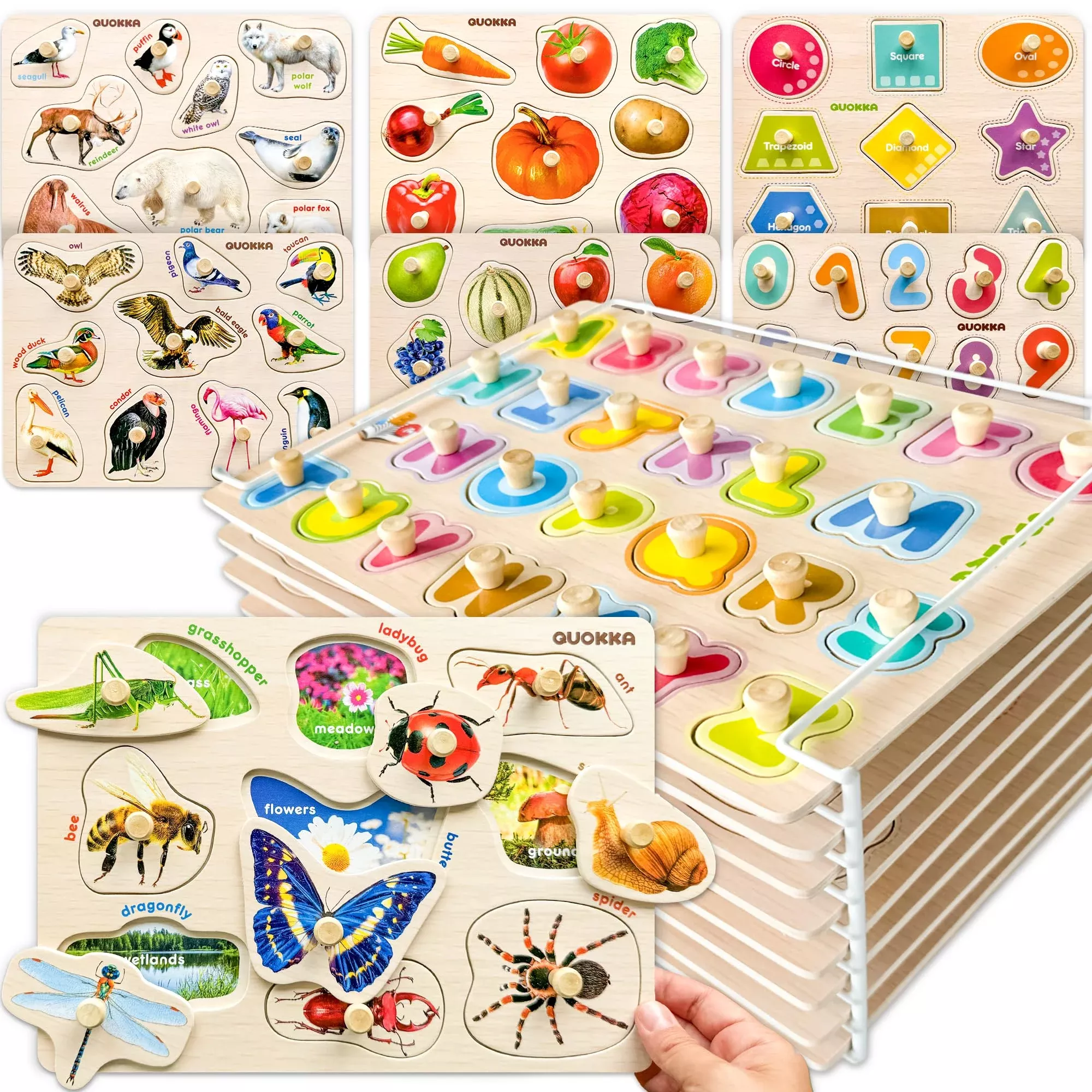 QUOKKA Wooden Puzzles for Kids 1-4, 8 Set, Safe,