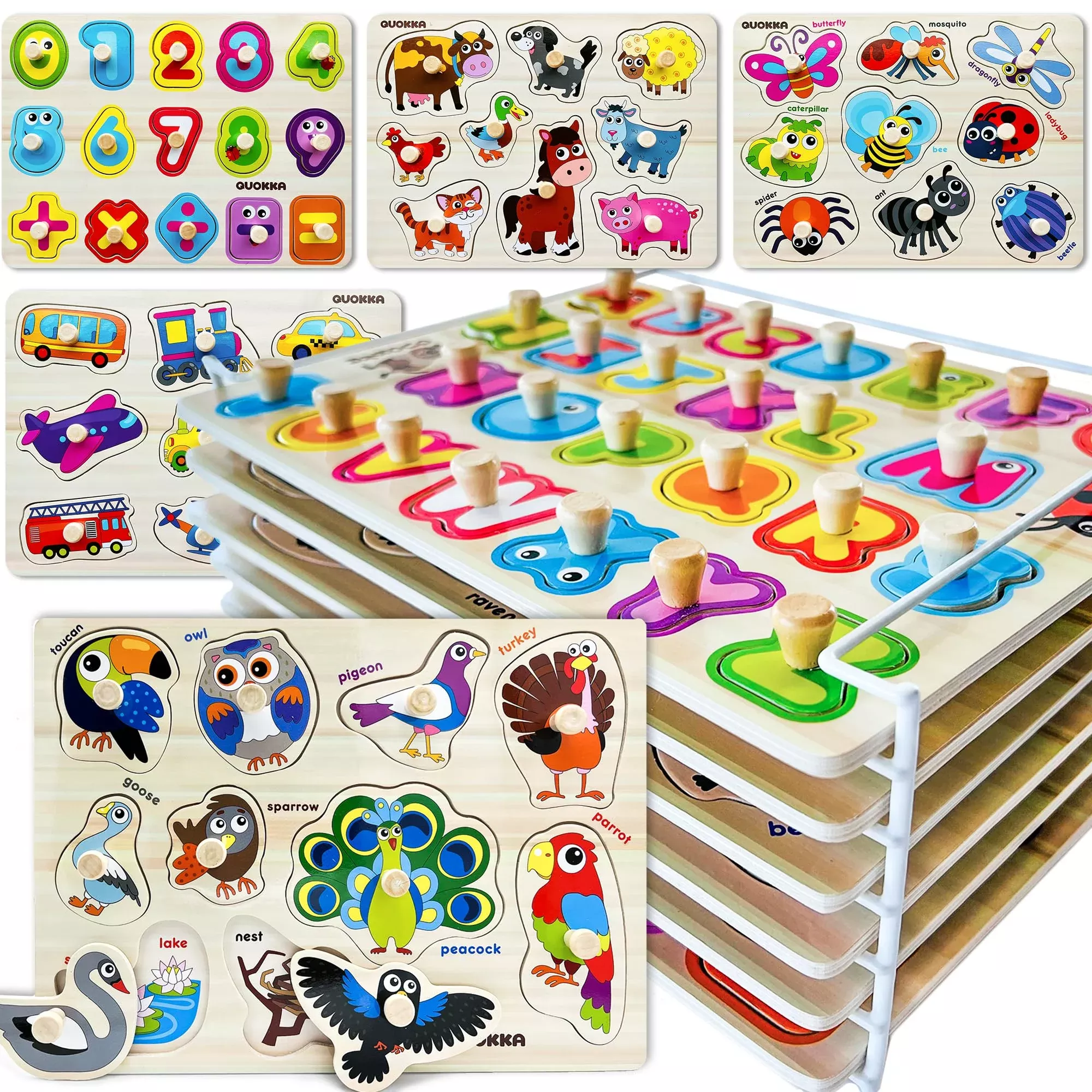 QUOKKA Wooden Puzzles for Kids 1-4, Set of 6, Color