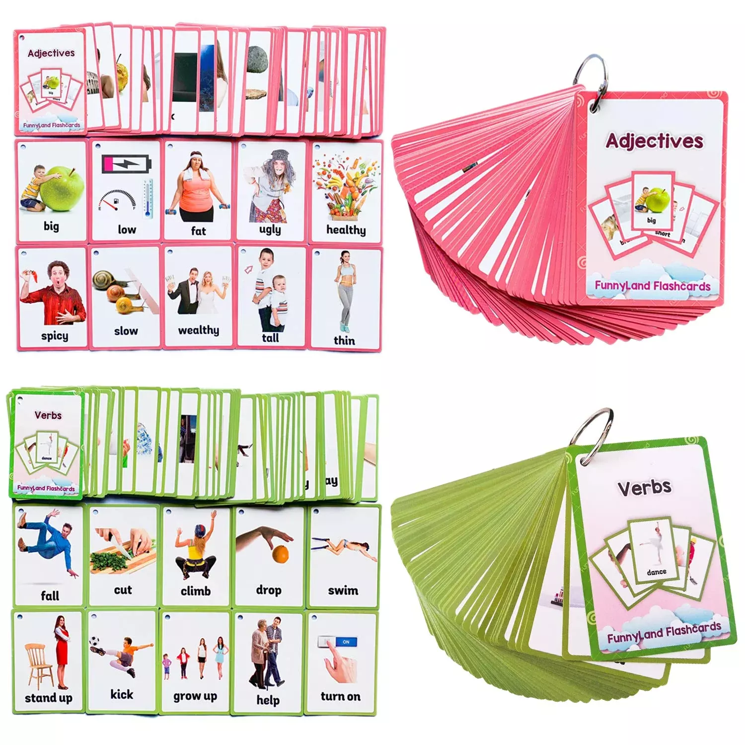 Richardy English Flash Cards for Kids, Verbs & Adjectives, 111 Pcs