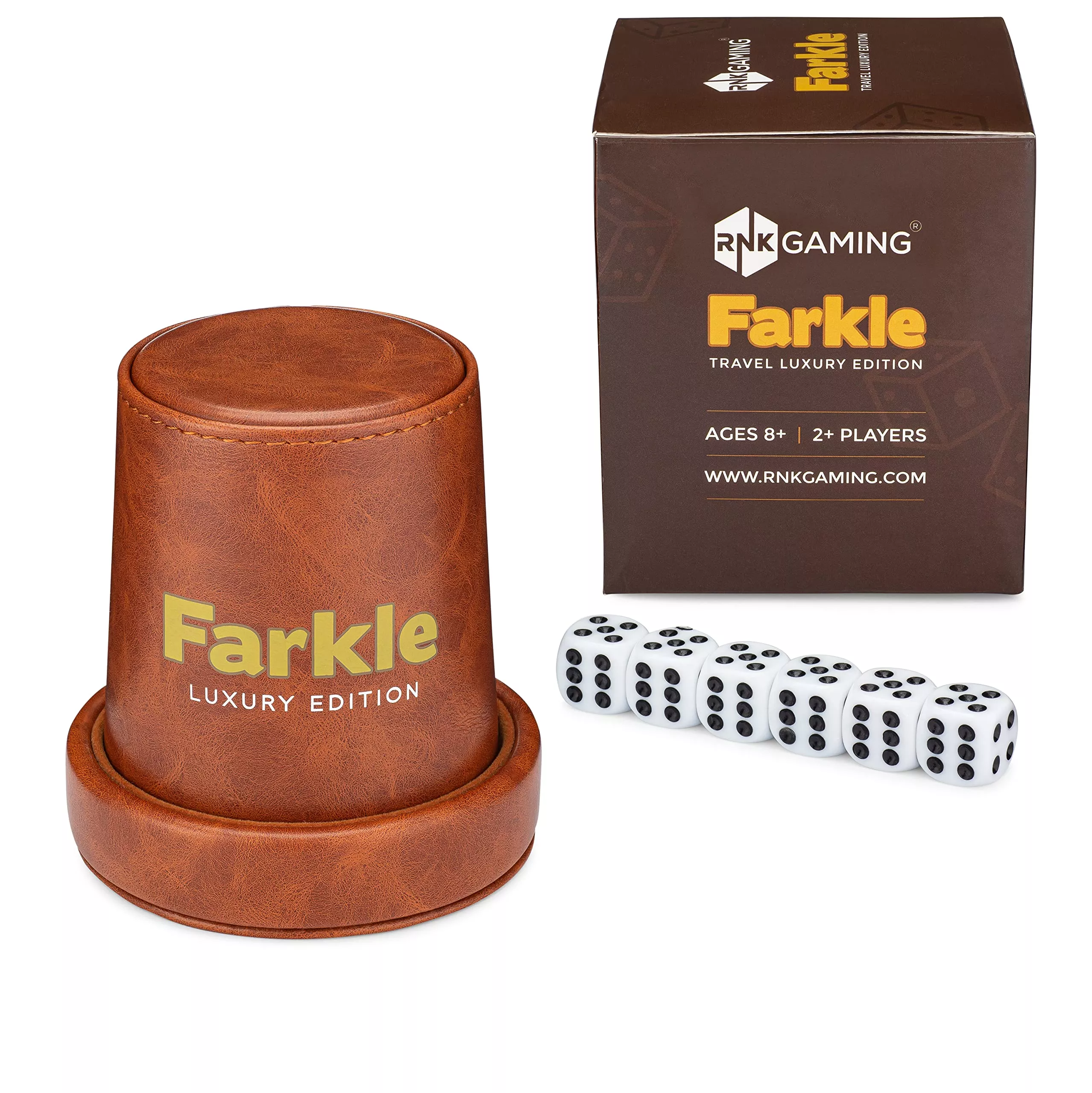 RNK Gaming Farkle Luxury Travel Edition Game - Brown PU Leather Dice Cup