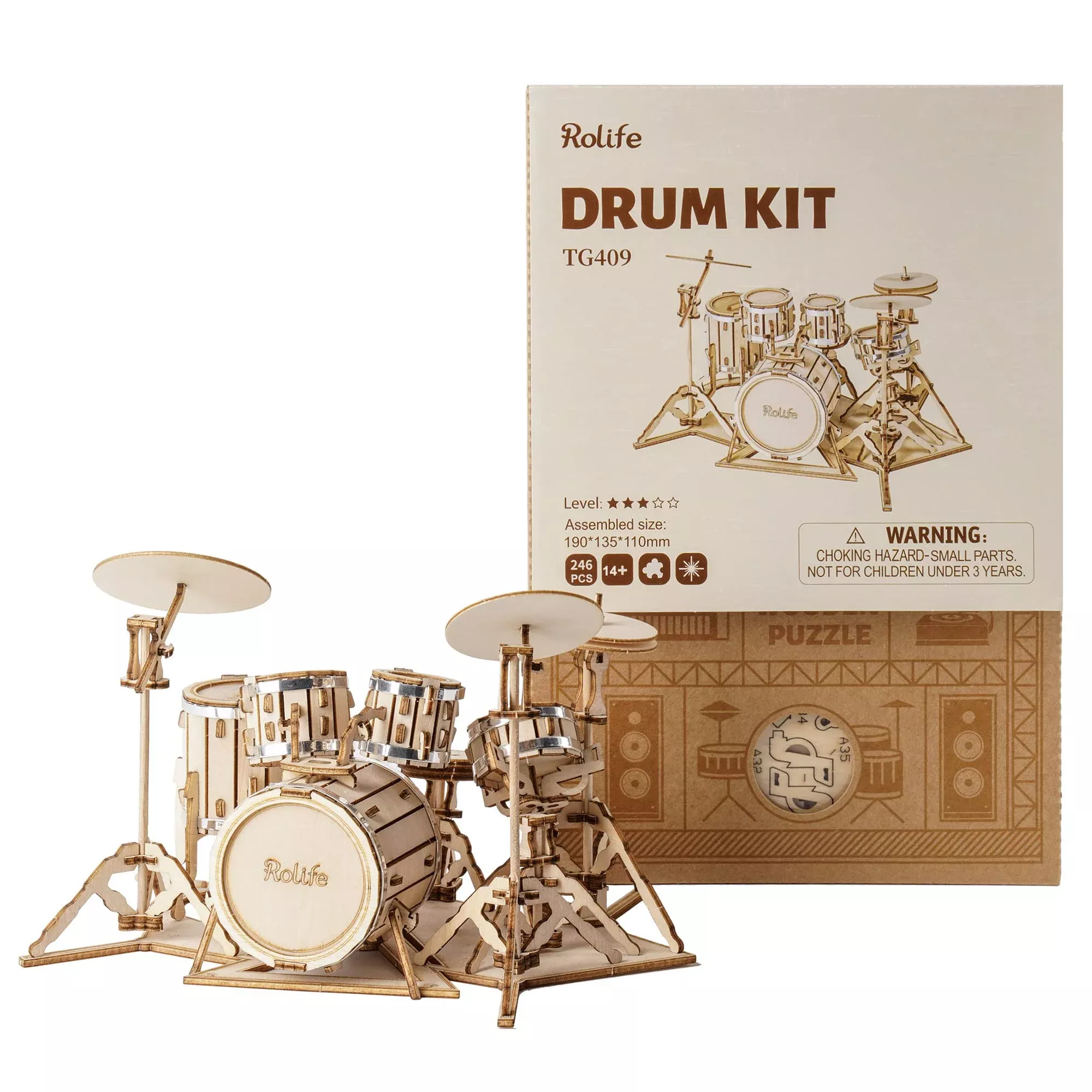 Rolife 3D Wooden Puzzles Model Kit - Musical Instrument Drum Kit, Brow