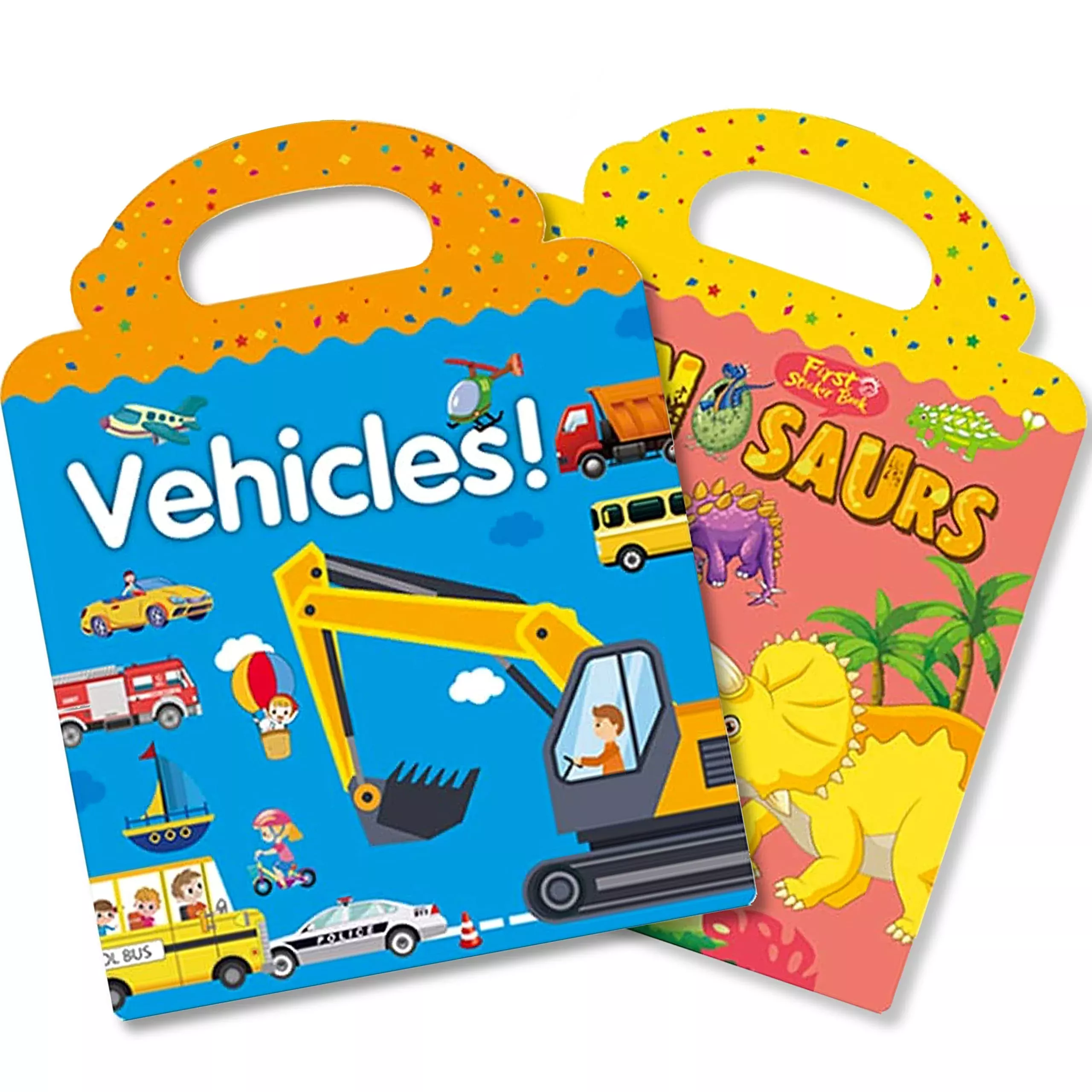 RUSON Reusable Sticker Book for Kids - Vehicles & Dinosaurs, Yellow/Pink