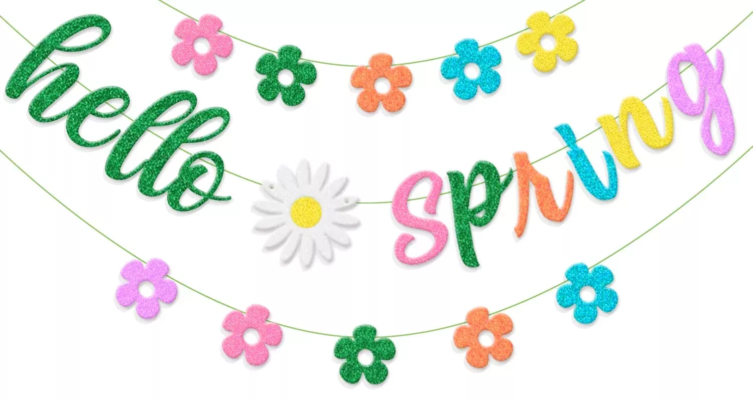 Saliyaa Hello Spring Banner and Flowers Garland, Glittery, 1 Set, Spring