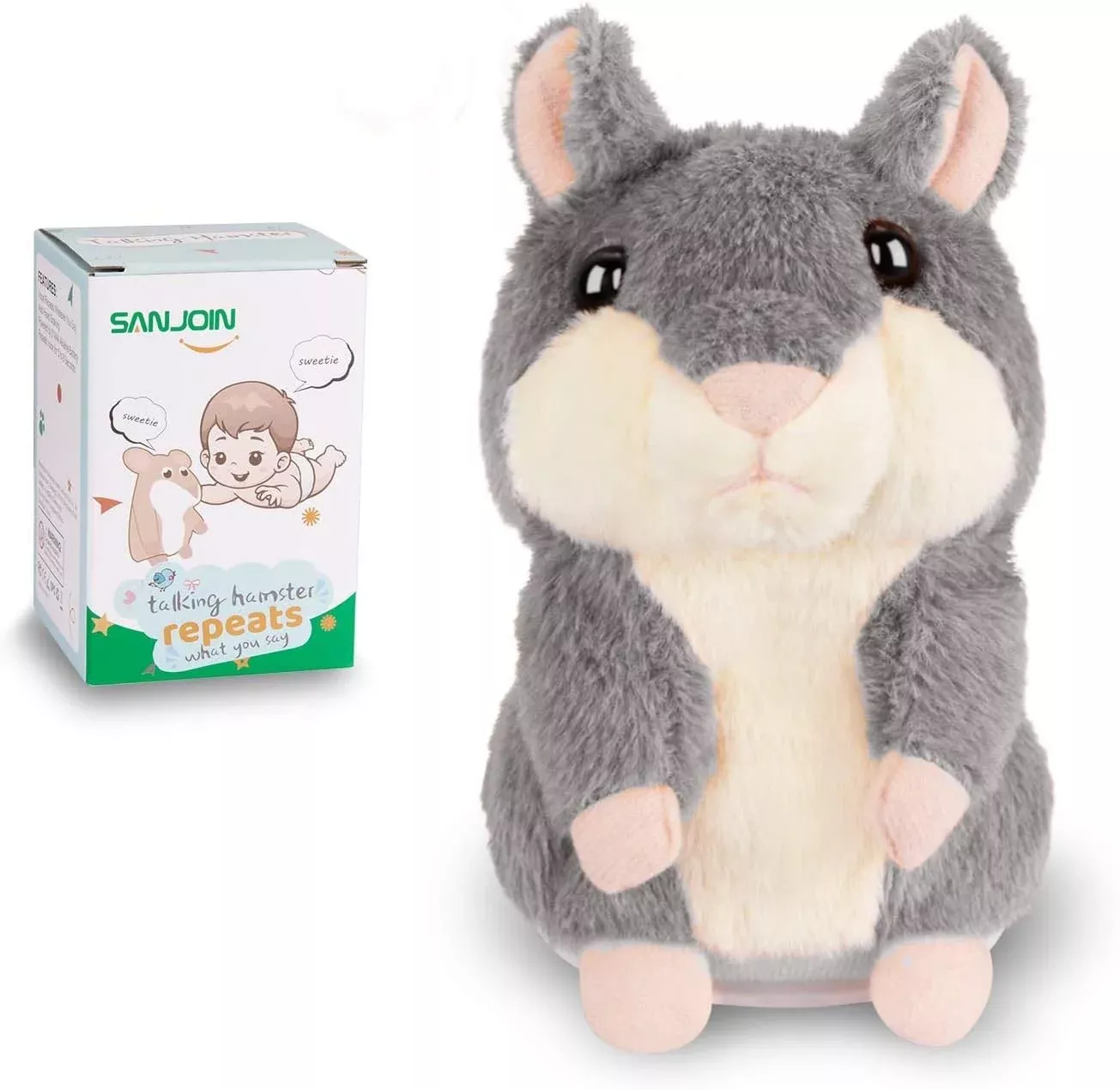 SANJOIN Talking Hamster Toy for Kids, 6.5 Inches, Gray, Ages