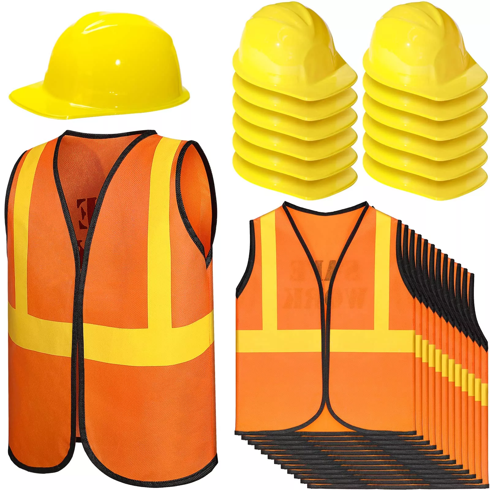 SATINIOR Construction Worker Costume Set, Orange Vest & Yellow Hats, 12 pcs