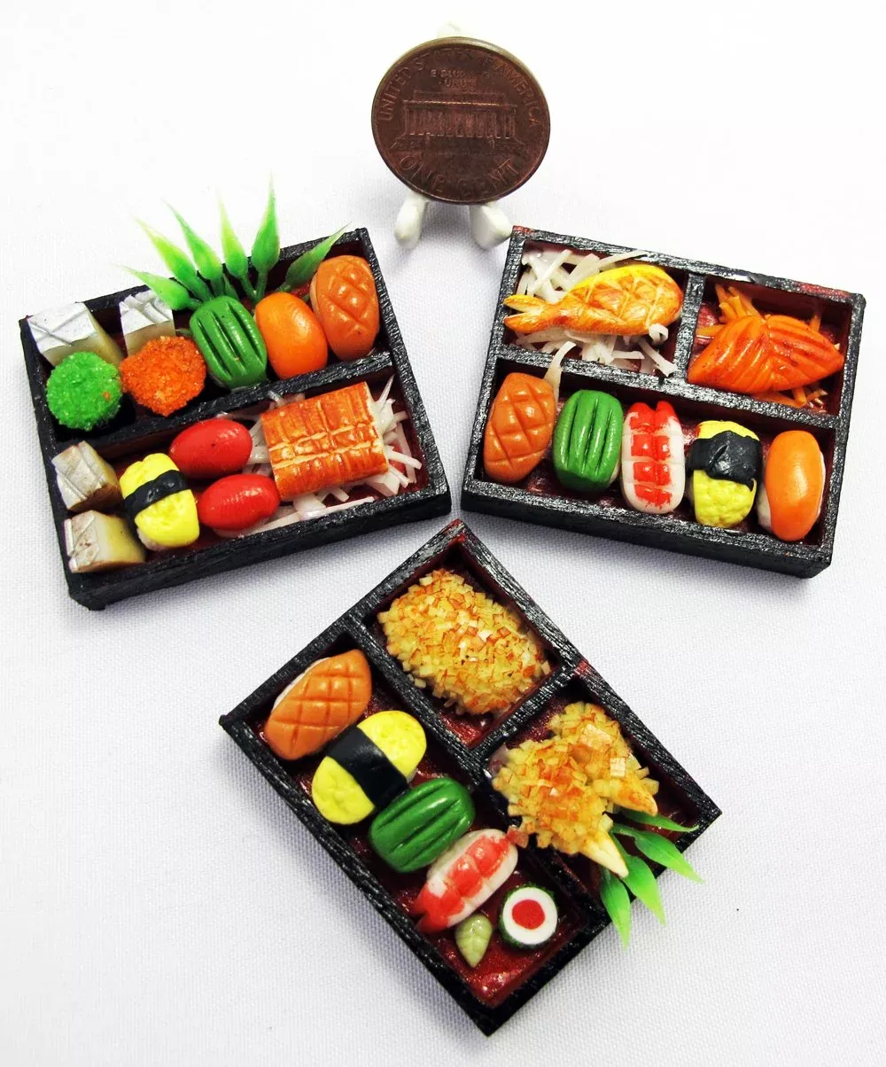 Set 3 Handmade Miniature Sushi Bento – 1:6 Scale Realistic Clay Japane