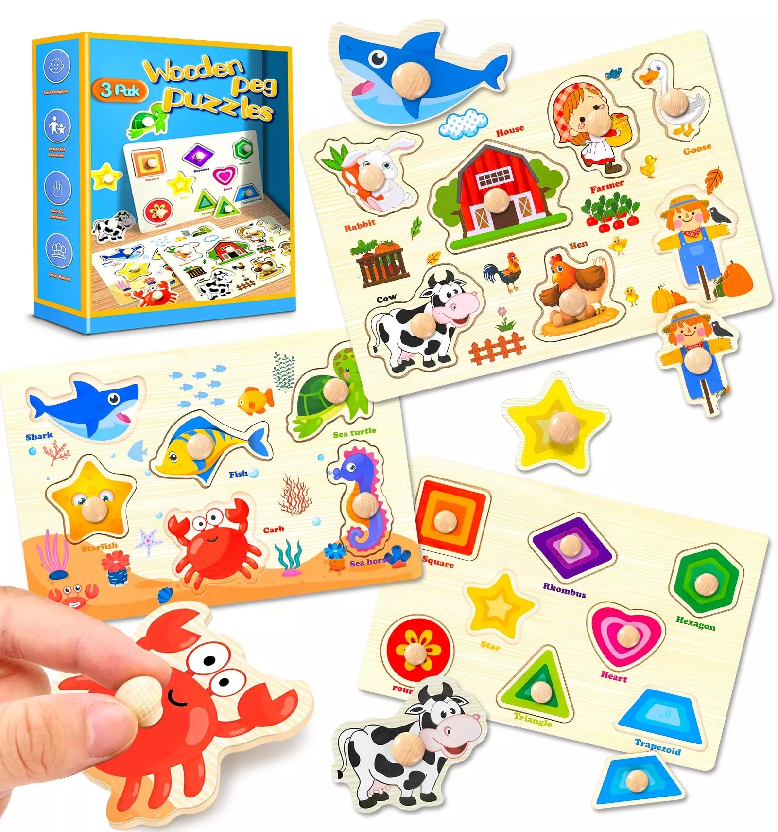 SIERLIKY Wooden Peg Puzzles for Toddlers, 3 Themes, 8