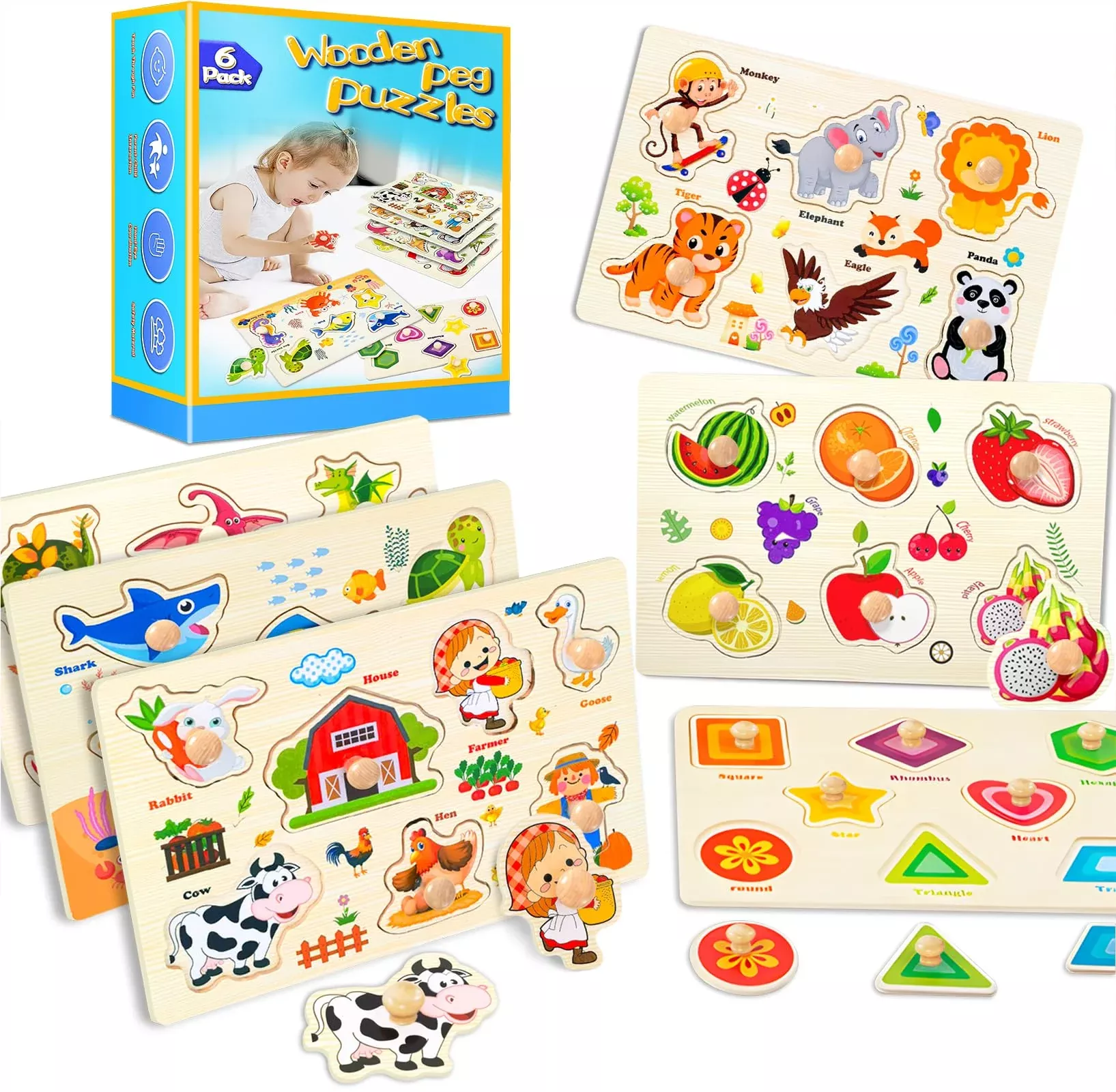 SIERLIKY Wooden Peg Puzzles for Toddlers, 6 Colors, Standard Size