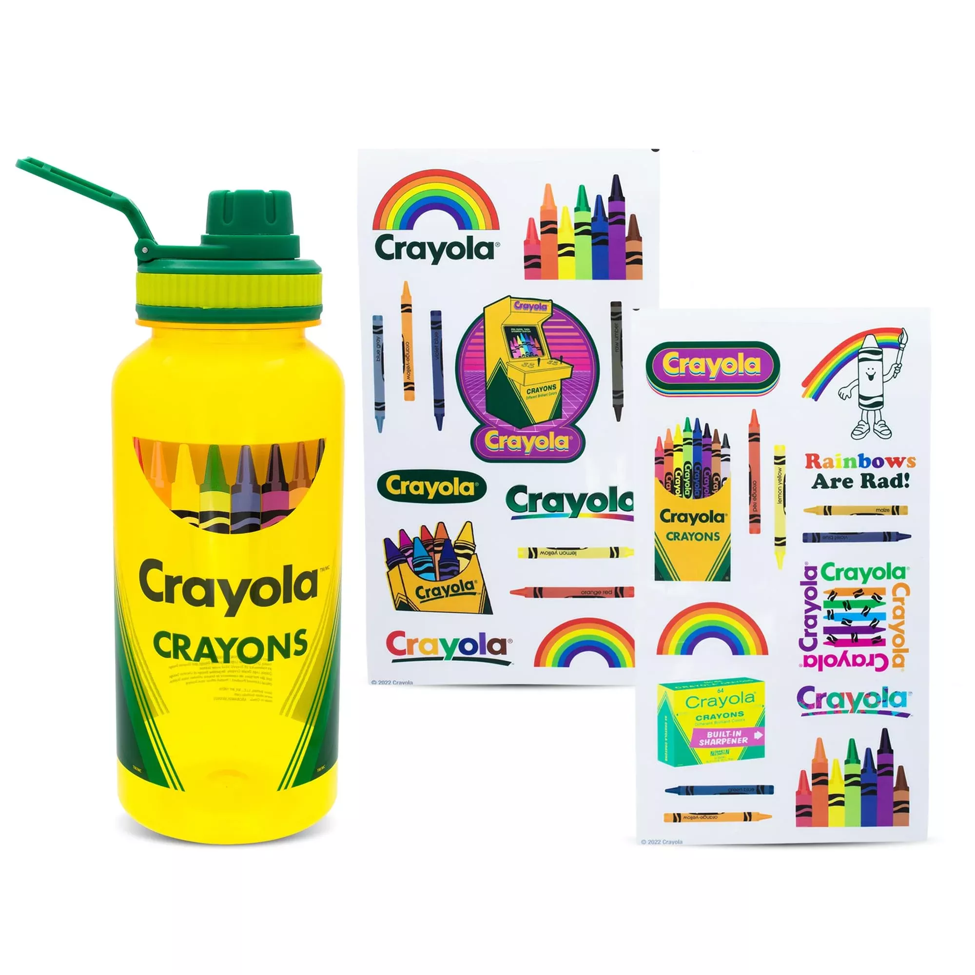 Silver Buffalo Crayola Water Bottle 32oz Yellow BPA-Free with Stickers