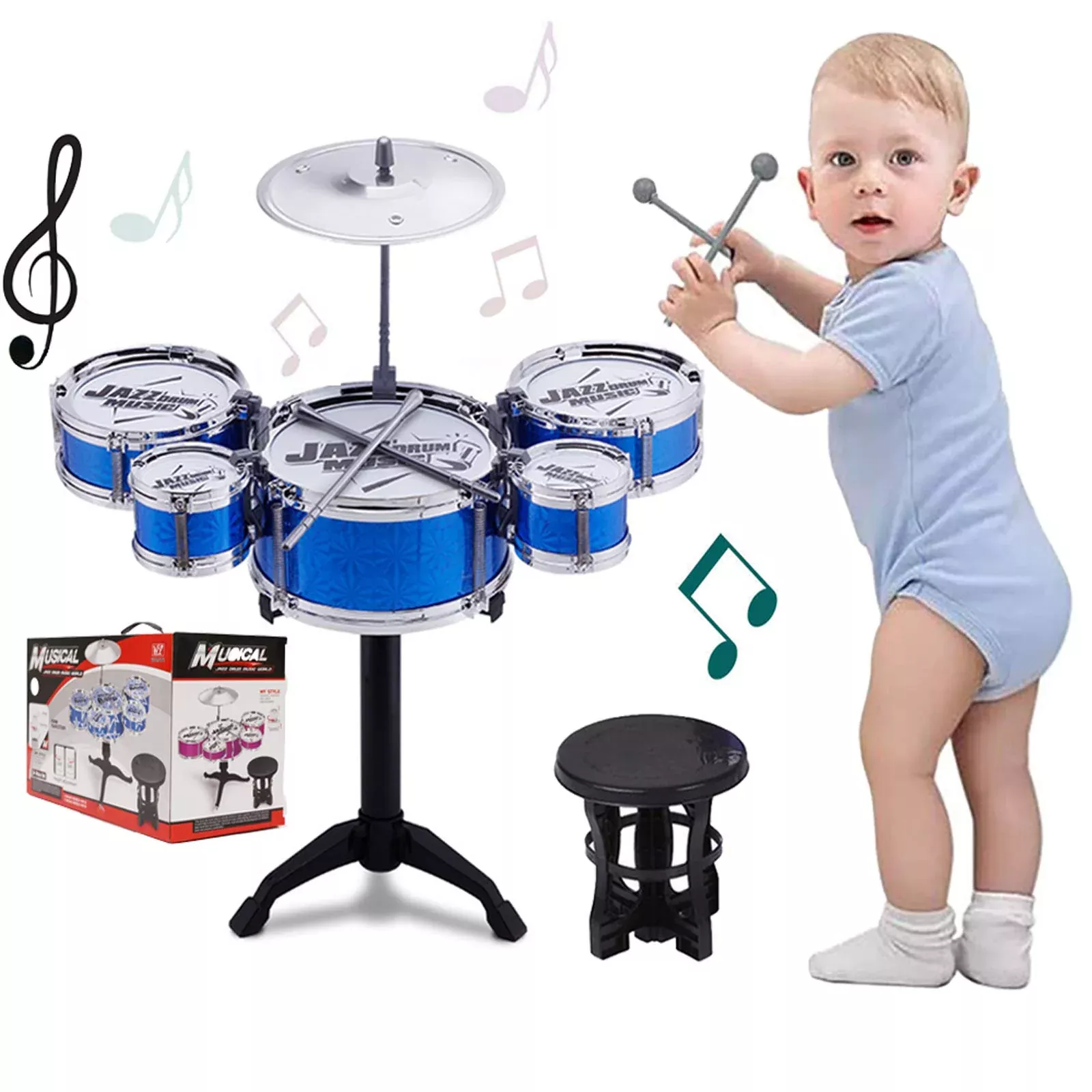 SKLOER Kids Jazz Drum Set Adjustable Height Blue 5 Drums & Cymbal